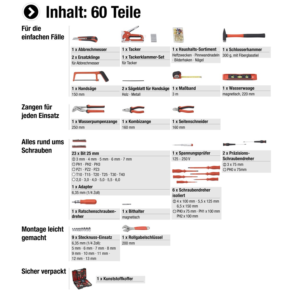 meister Werkzeugset »Haushaltskoffer / 8973630«, 60-teilig - Werkzeug-Set für den täglichen Gebrauch