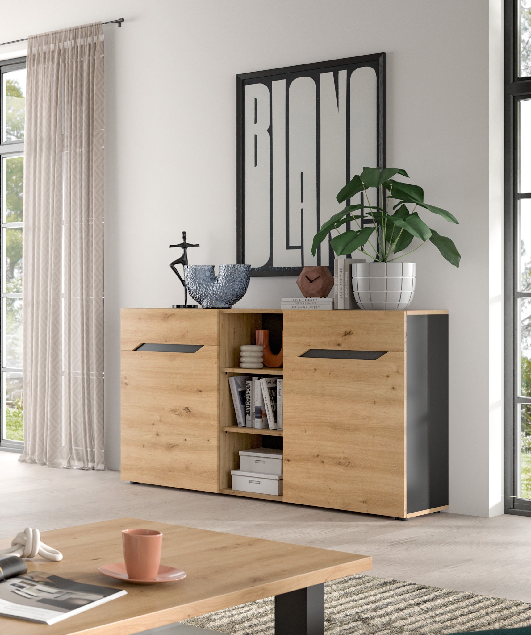 INOSIGN Sideboard »SERTA, Breite: 130cm, 2 Türen, 3 offene Fächer, viel Stauraum«, Anrichte, Kommode, Schrank, Board, Higboard