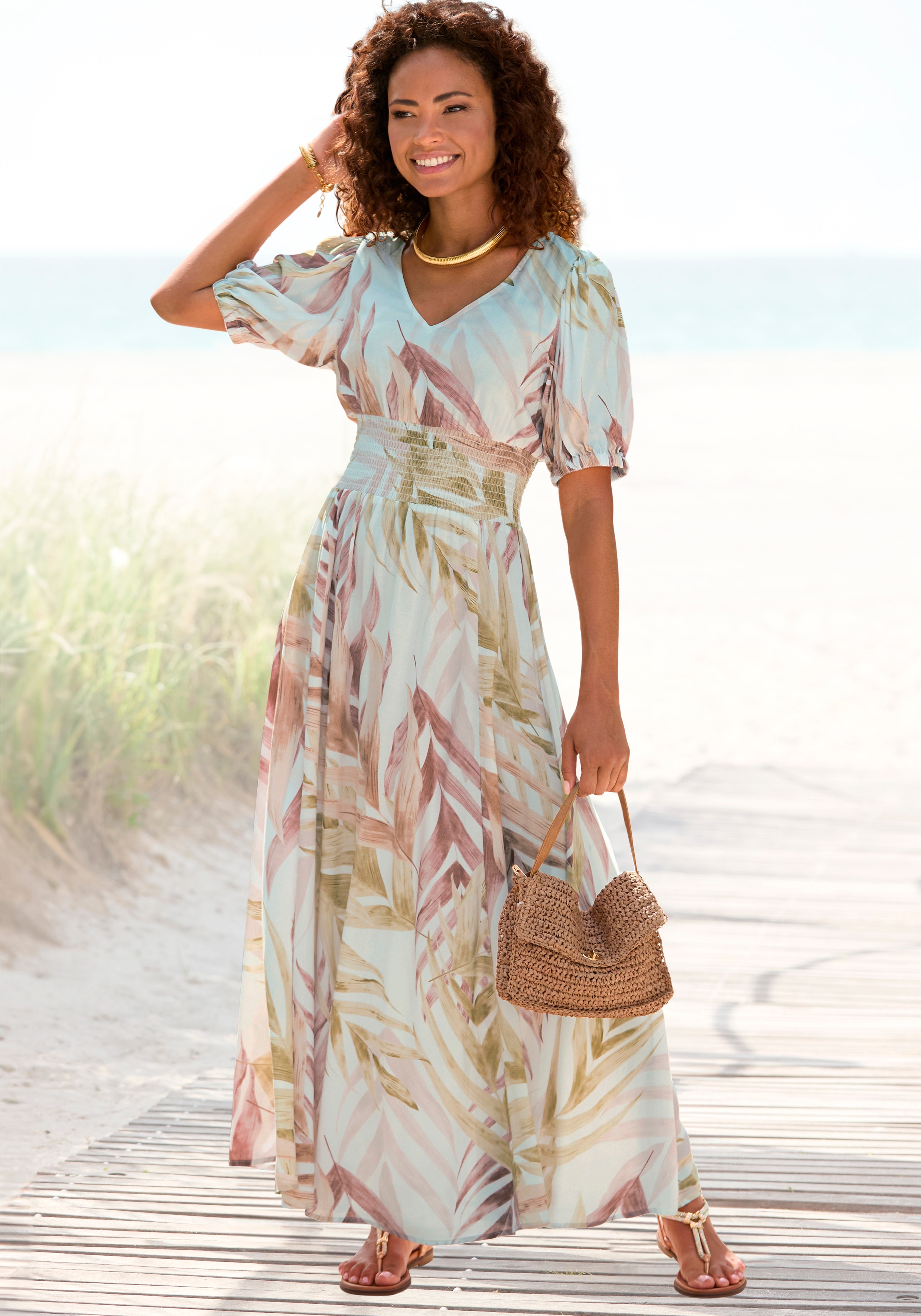 LASCANA Maxikleid "mit Alloverdruck und V-Ausschnitt aus Webware" Sommerkleid mit Puffärmeln, Elegantes Webkleid, Strandkleid