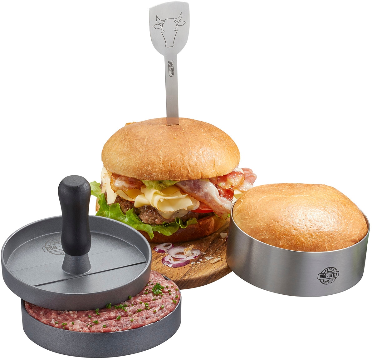 GEFU Burgerpresse "BBQ", (3 St.), hochwertiges Edelstahl-Set für perfekte Burger, einfach zu handhaben.