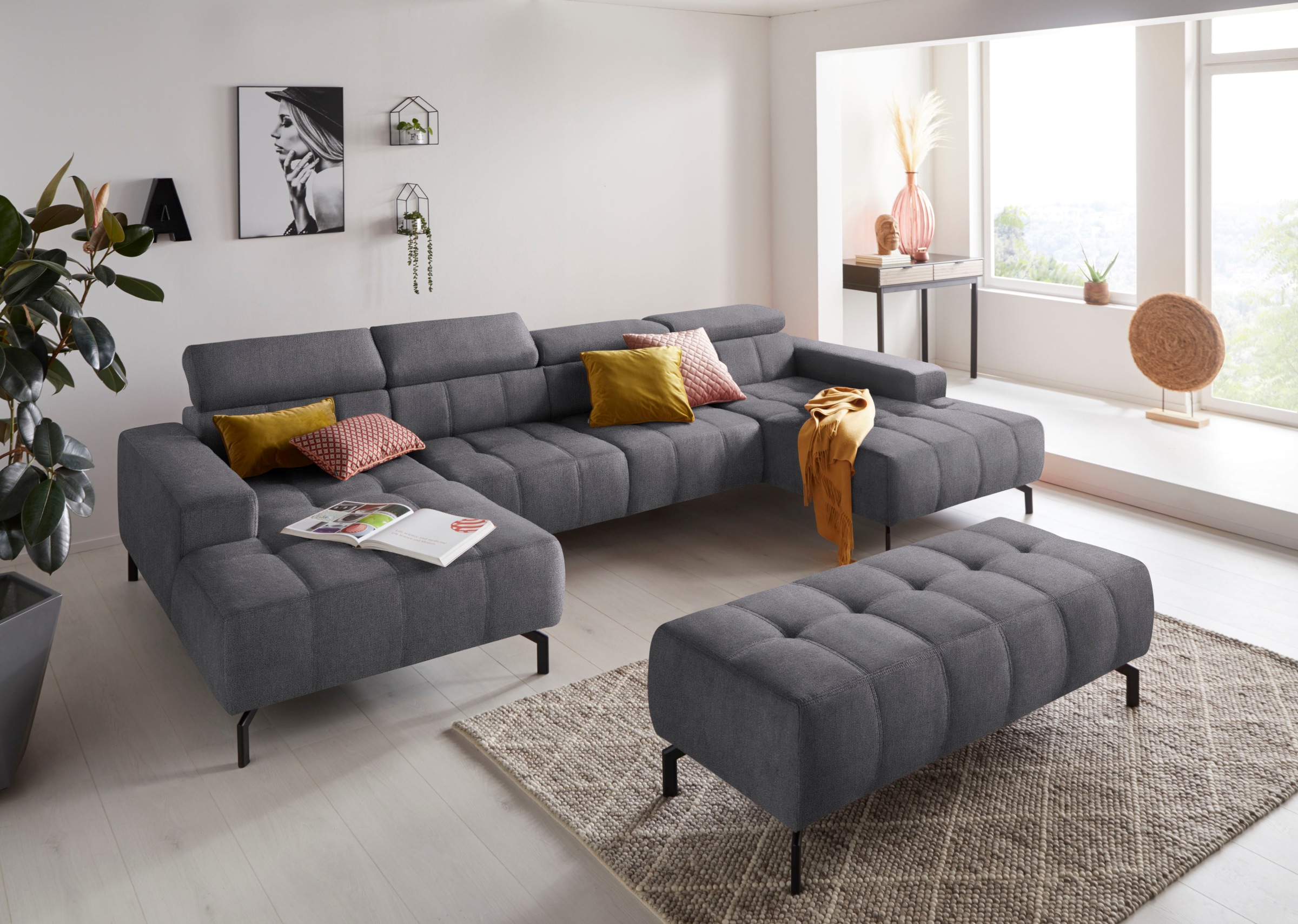 DOMO collection Wohnlandschaft »Cunelli tolle Sitznähte als Designelement, fester Sitzkomfort, U-Form«, wahlweise mit Kopfteilverstellung, bodenfrei