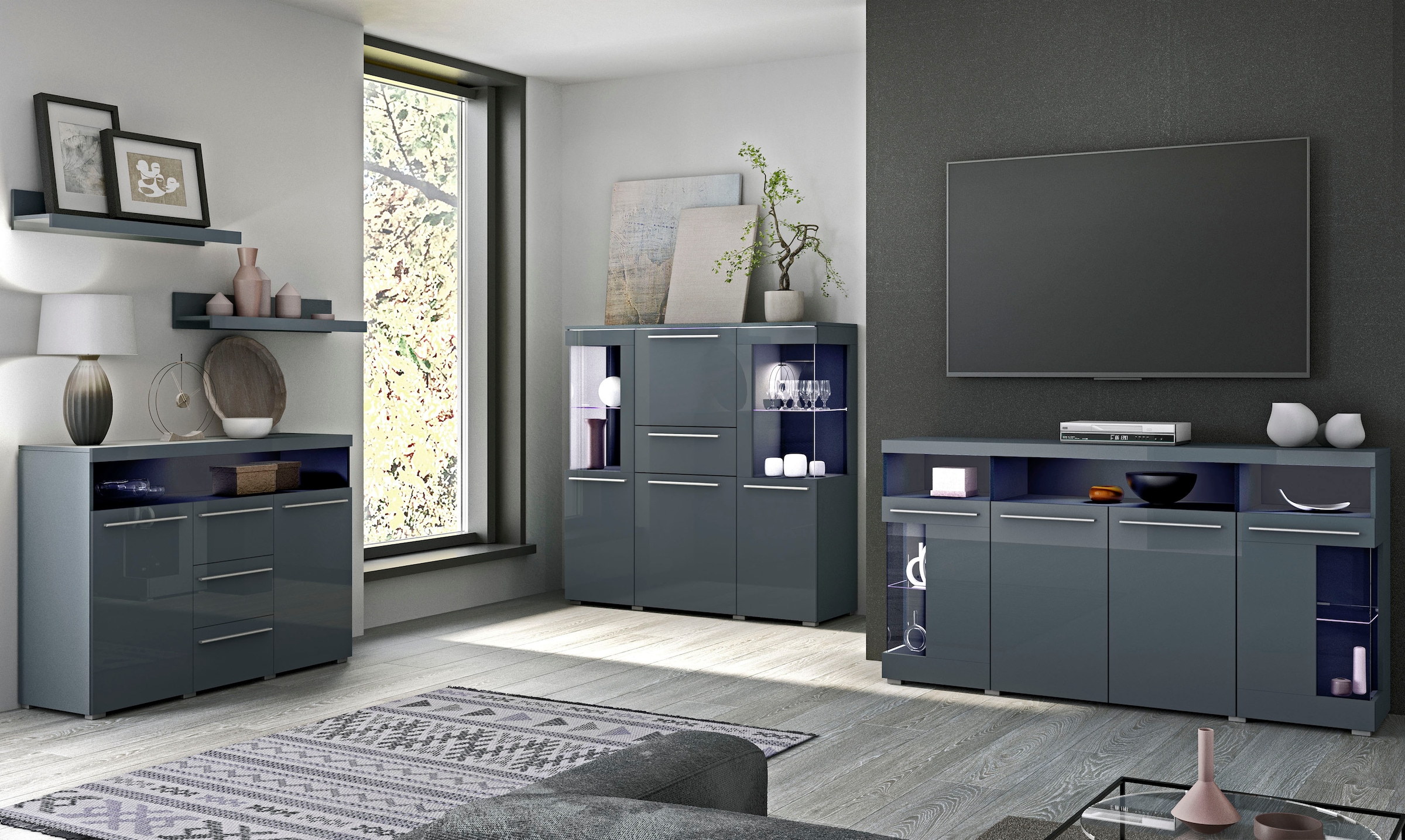 INOSIGN Sideboard »India,Breite 182cm, stilvolle Kommode mit Glastüren«, Kombikommode viel Stauraum, Einlegeböden verstellbar,ohne Beleuchtung