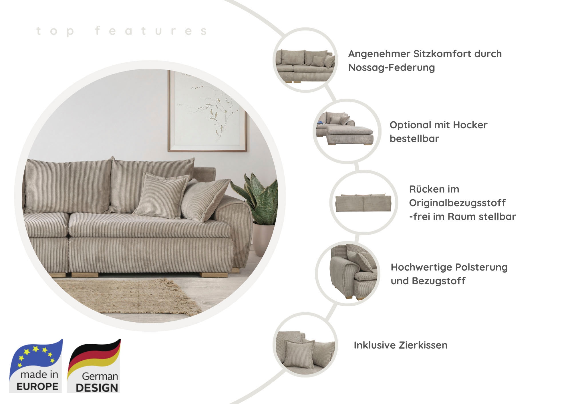 Home affaire Big-Sofa »Cara Mia«, Breite 275 cm, Cord-Bezug