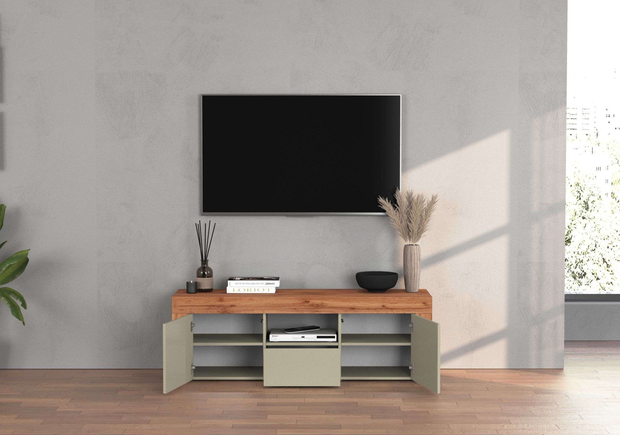 INOSIGN Lowboard »CHRONOS Breite 155 cm mit 2 Türen, 1 Schublade,1 offenes Fach«, (1 St.), TV-Board, Sideboard niedrig, Grifflos mit Push to Open 'Made in Italy'