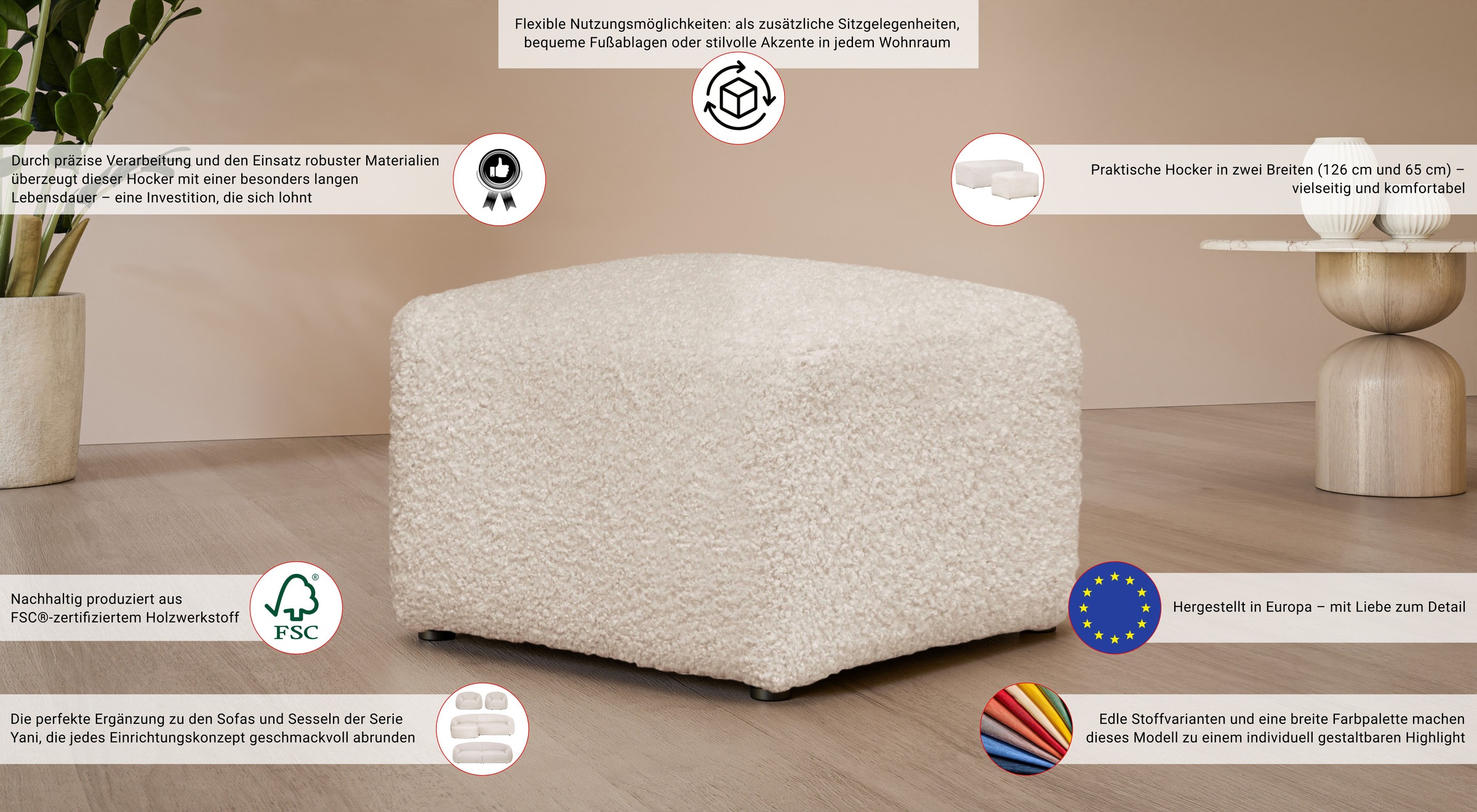 Thumbnail - LeGer Home by Lena Gercke Polsterhocker "YANI Sitzhocker mit Wellenunterfederung, Maße B/T/H: 65/65/46 cm" kleiner Hocke...