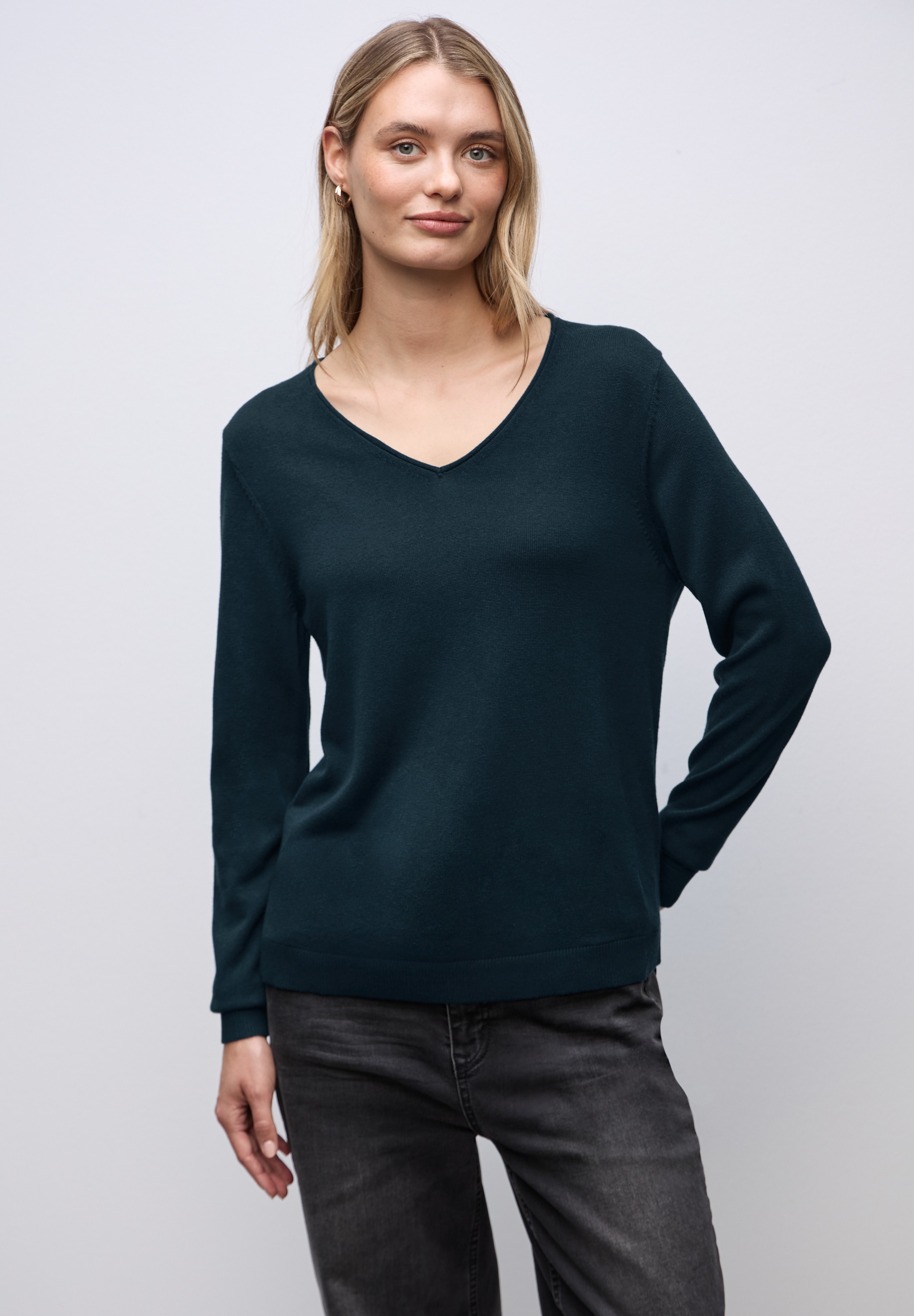V-Ausschnitt-Pullover STREET ONE, Damen, Gr. 40, tide blau, Stoff, 60% Viskose, 40% Baumwolle, unifarben, normal normal, V-Ausschnitt, abgesteppt, Pullover, Feinstrick