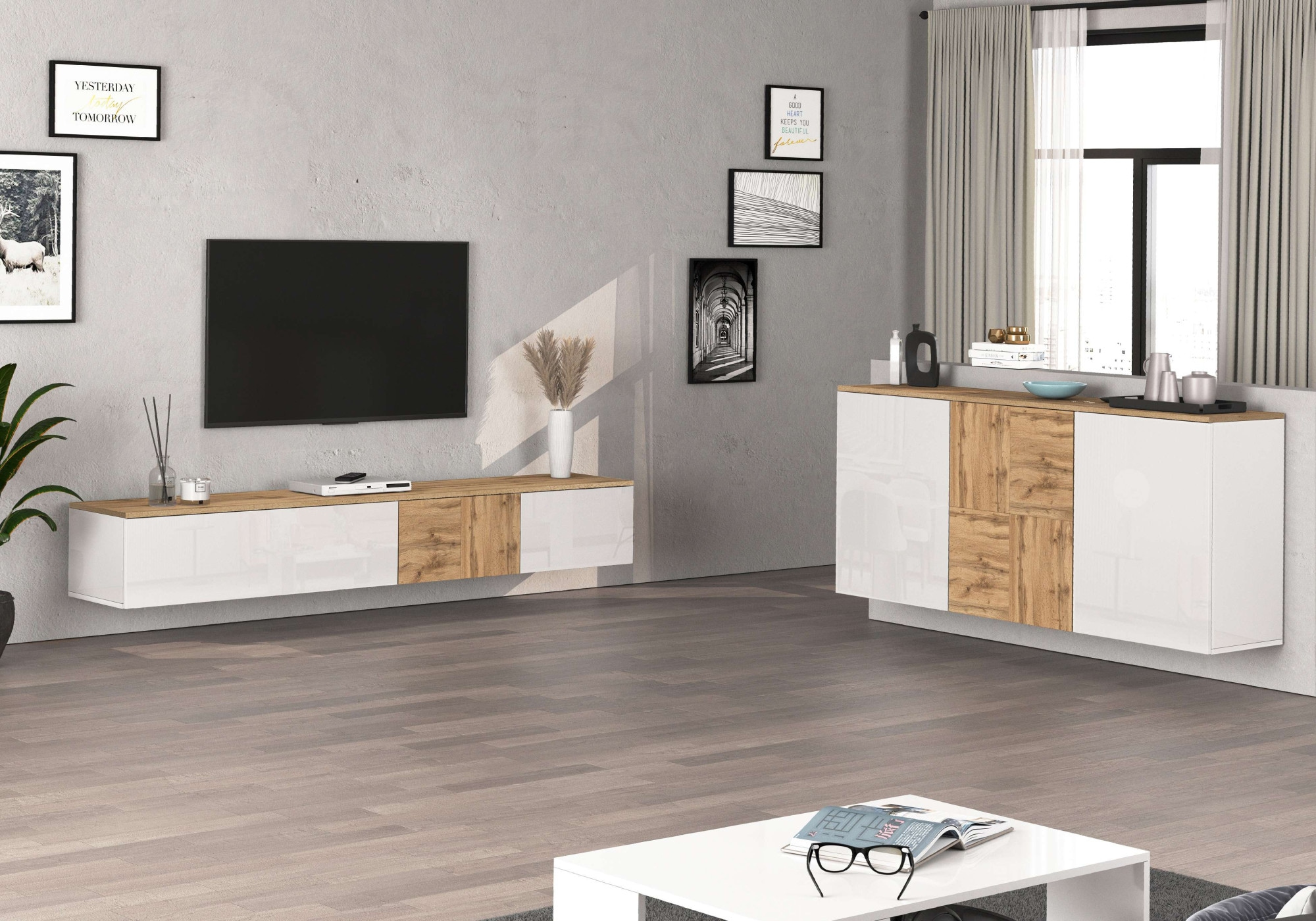 INOSIGN Lowboard »Lowboard ISEO,Lowboard,TV-Kommode,TV-Möbel,TV-Bank« 1 Stk. tlg. stehend/hängend, 1 Klappe, 2 Türen HG lackiert, 3 Fächer, B 210 cm