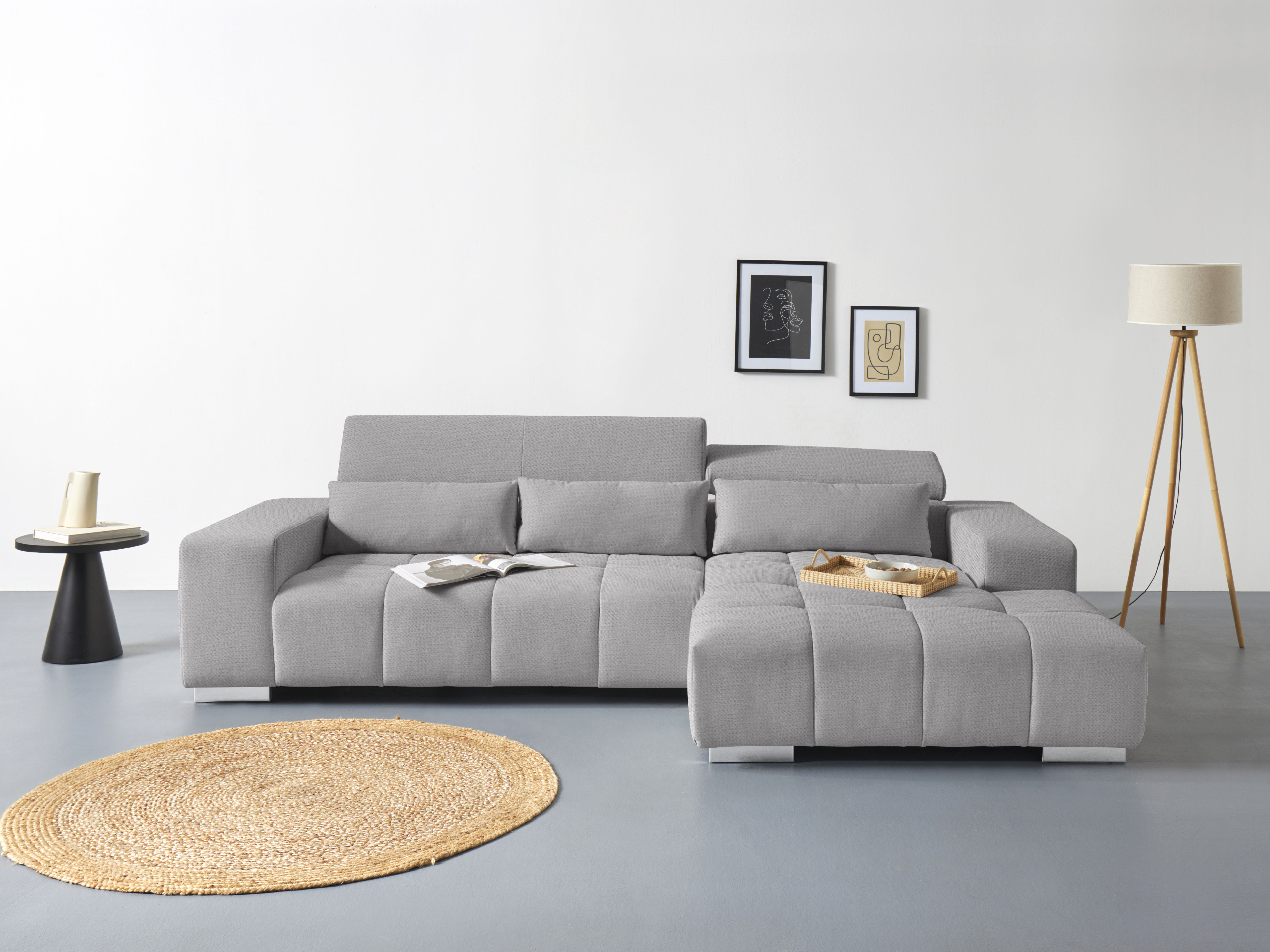 COTTA Ecksofa "Orion L-Form, B: 307 cm, moderne Steppung, bequeme Wellenunterfederung" 2x Kopfteilverstellung & 3 Nierenkissen
