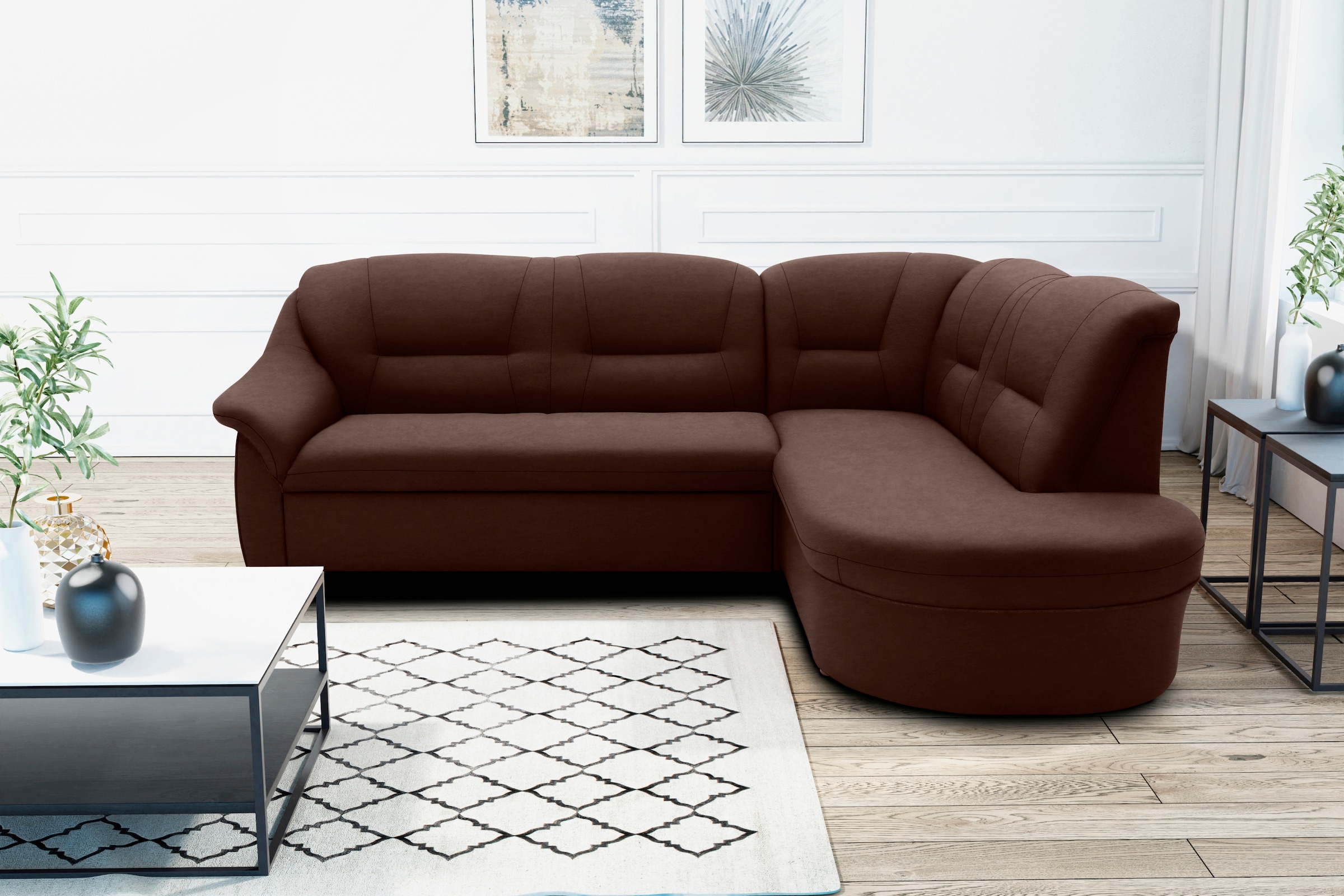 DOMO collection Ecksofa »Faenza für kleine Räume, Stellmaße 232,176cm, komfortabel, L-Form«, mit Ottomane, zeitlos, elegante Armlehnen, wahlweise mit Bettfunktion