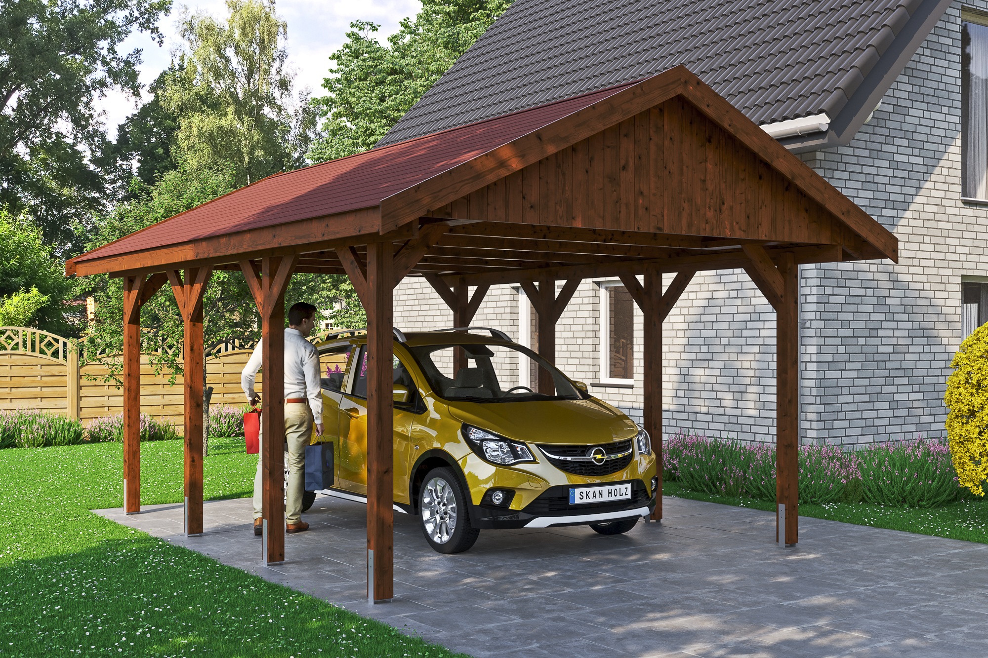 Skanholz Einzelcarport »Wallgau«, Nadelholz, 340 cm, Nussbaum, mit roten Dachschindeln