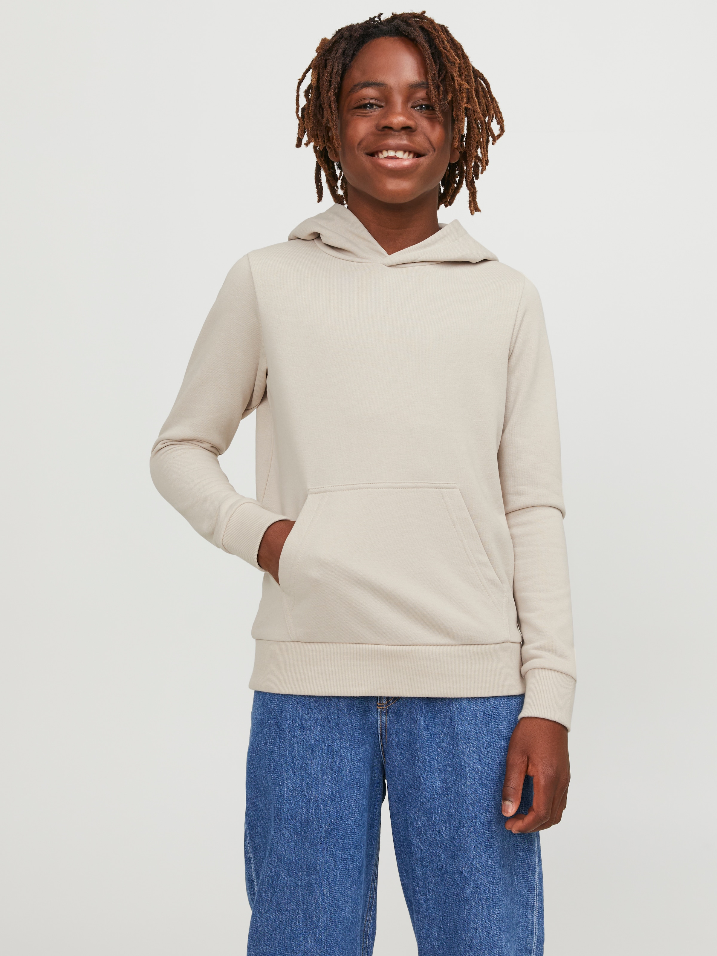 Kinder Kapuzensweatshirt "JJEBRADLEY SWEAT HOOD NOOS JNR", weiß, Basic, Gr. 164, JACK & JONES JUNIOR, unifarben, angeraute Sweatware, Obermaterial: