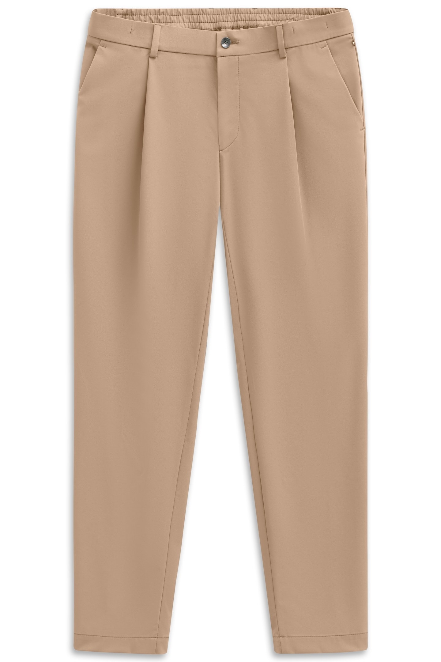 Bundfaltenhose BUGATTI "Tapered Fit", Herren, Gr. 36, Länge 32, beige (30, beige), 88% Polyamid, 12% Elasthan, unifarben, gerade, unten schmal, Hosen, mit Flexcity Performance Stretch