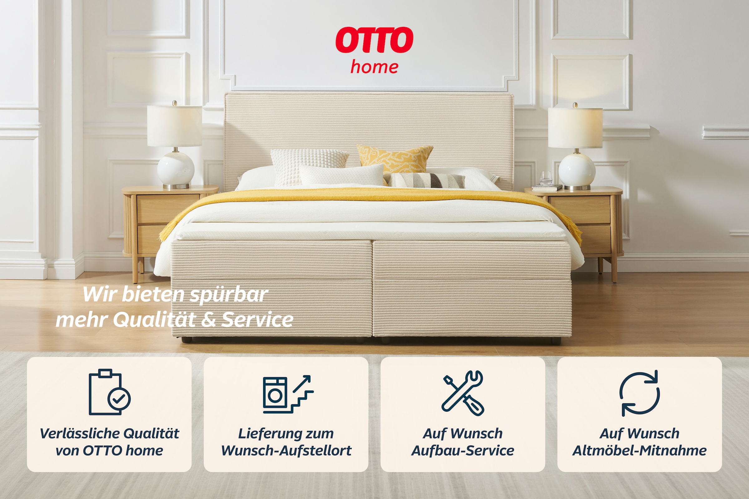 OTTO home Boxbett »ELIAAS, Polsterbett mit Bettkasten, inkl. Taschenfederkernmatratze H3« mit Kaltschaumtopper, Cord-Bezug mit eleganter Kedernaht, 180x200 cm,