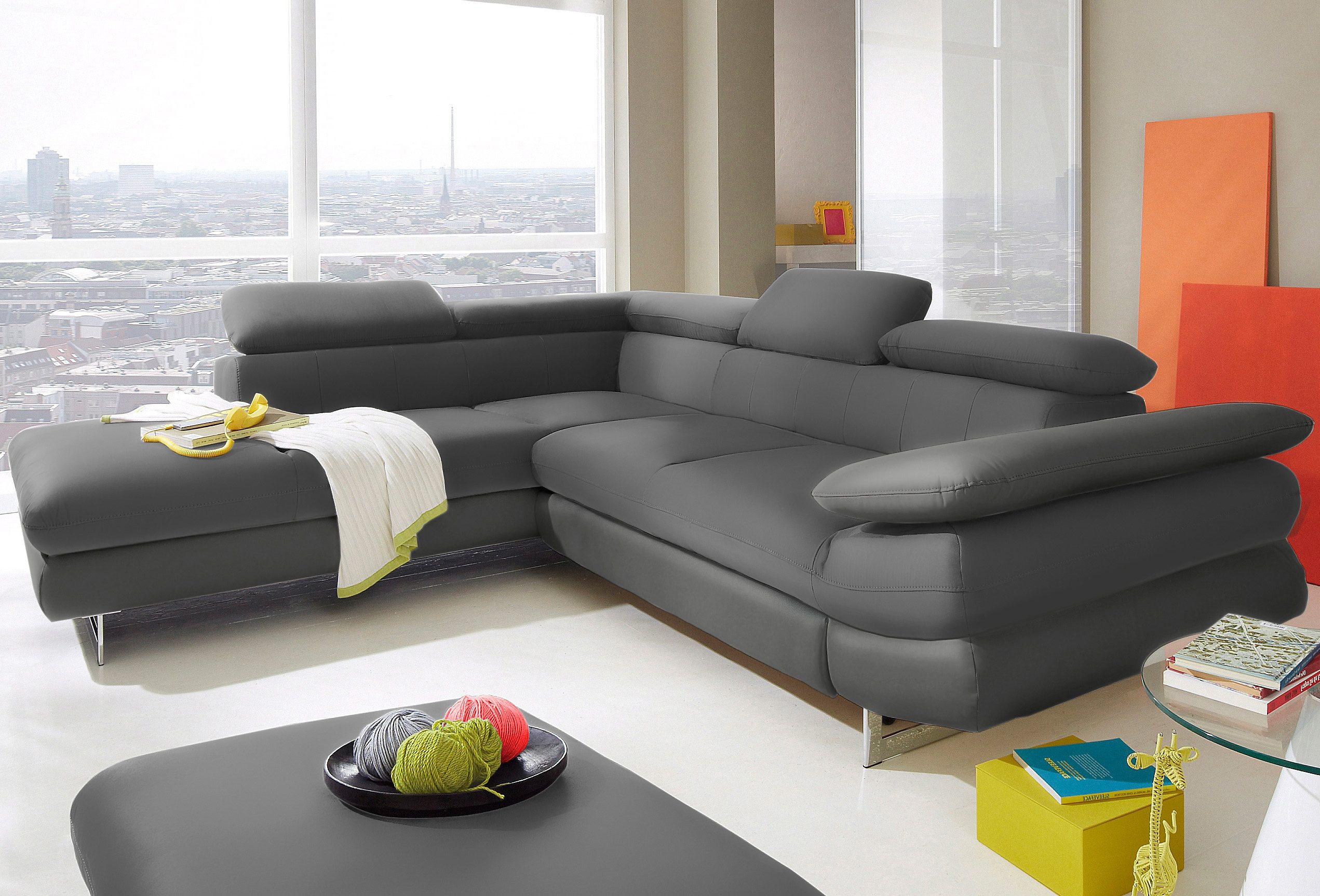 COTTA Ecksofa "Solution L-Form, Design Sofa, bequeme Wellenunterfederung, Design Fuß" mit Arm- & Kopfteilverstellung, wahlweise mit Schlaffunktion