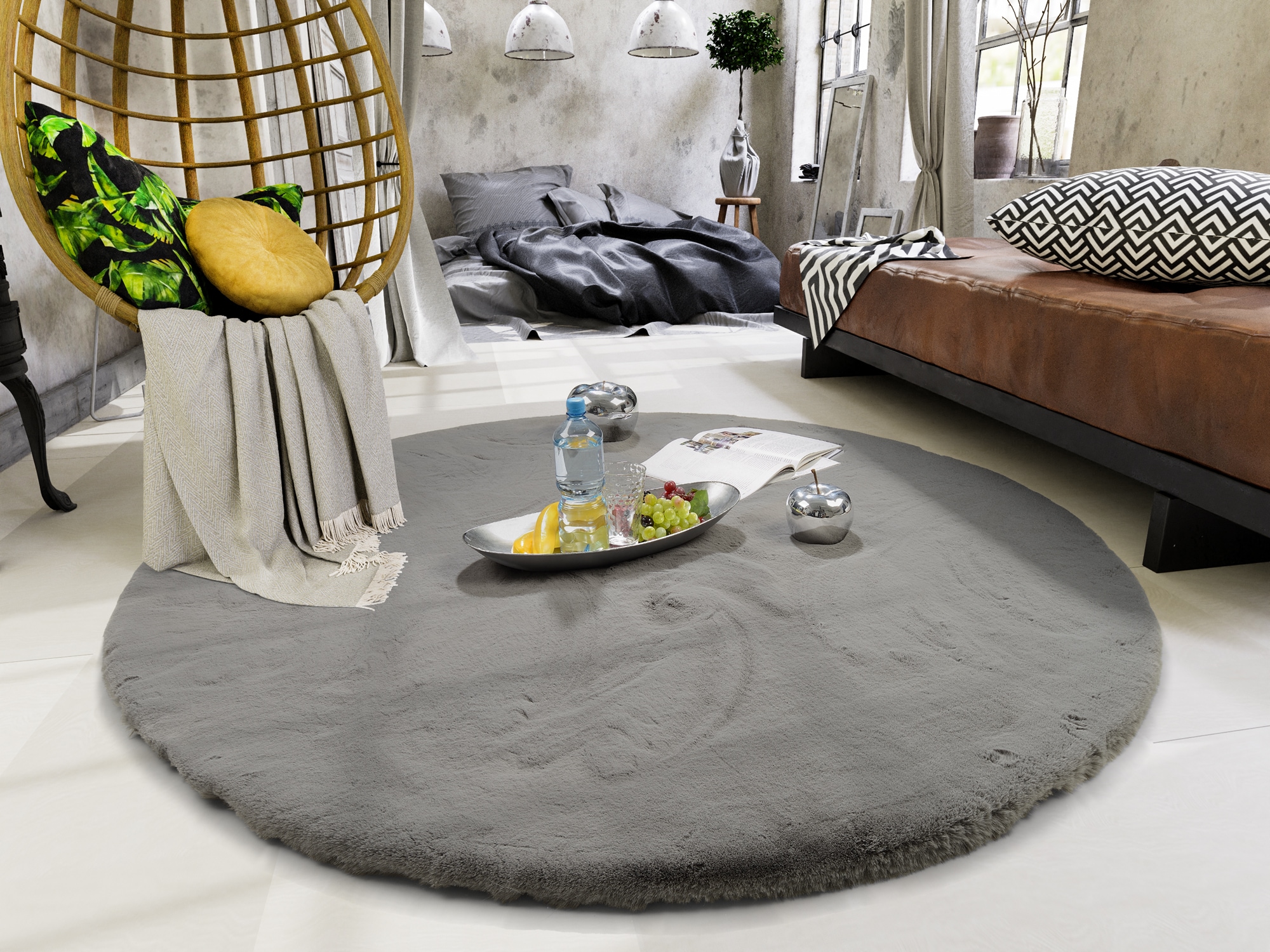 OCI DIE TEPPICHMARKE Hochflor-Teppich "ALISSA, Fell Haptik" rund 38 mm Höhe Kuschelig softer weicher Flor, Kaninchen Fell Haptik, getuftet