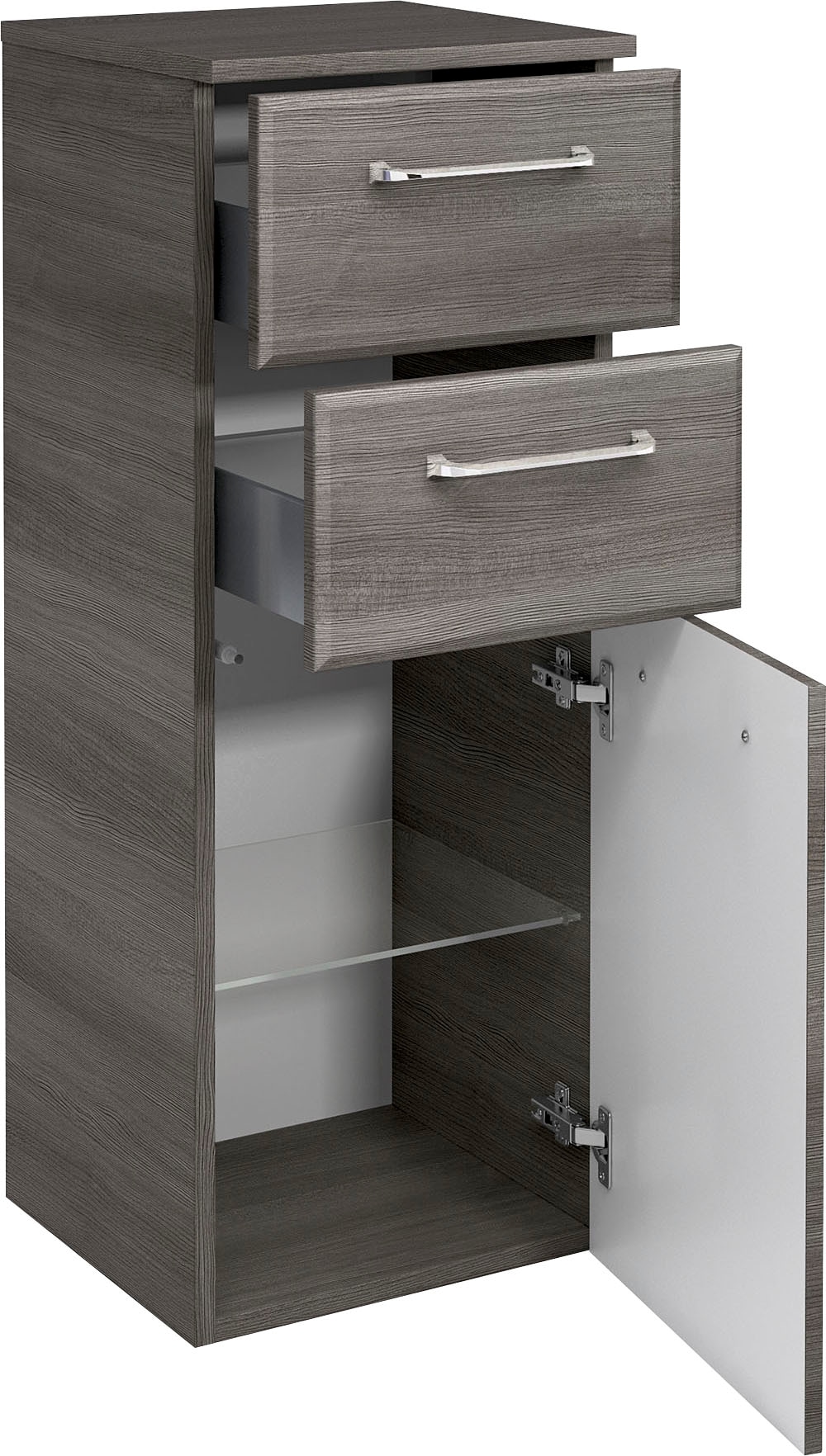 Saphir Unterschrank »Quickset Badschrank mit 1 Tür und 2 Schubladen, 35 cm breit«, Badezimmer-Unterschrank inkl. Türdämpfer, Griffe in Chrom Glanz