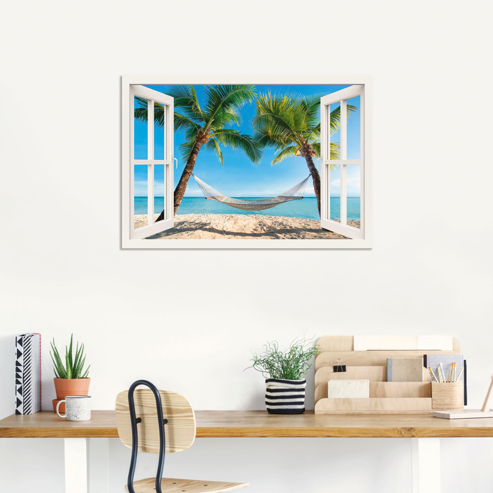 Artland Wandbild »Fensterblick Palmenstrand Karibik«, Amerika, (1 St.), als Alubild, Outdoorbild, Leinwandbild, Poster, Wandaufkleber