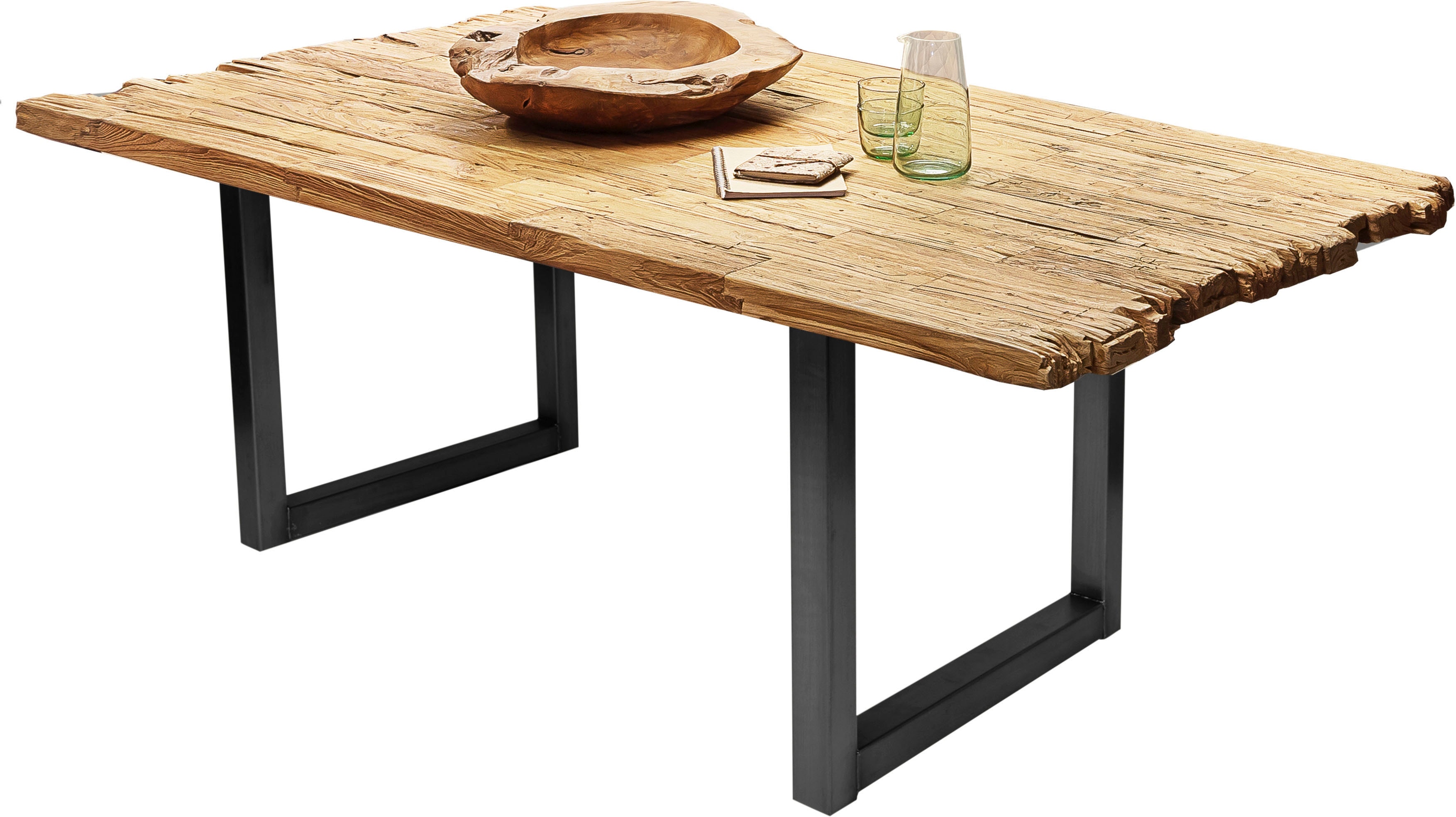 SIT Esstisch "Akron aus recyceltem Teak mit Bruchkante & Metall-Kufengestell" 50 mm starke Teakholzplatte mit markanter Bruchkante