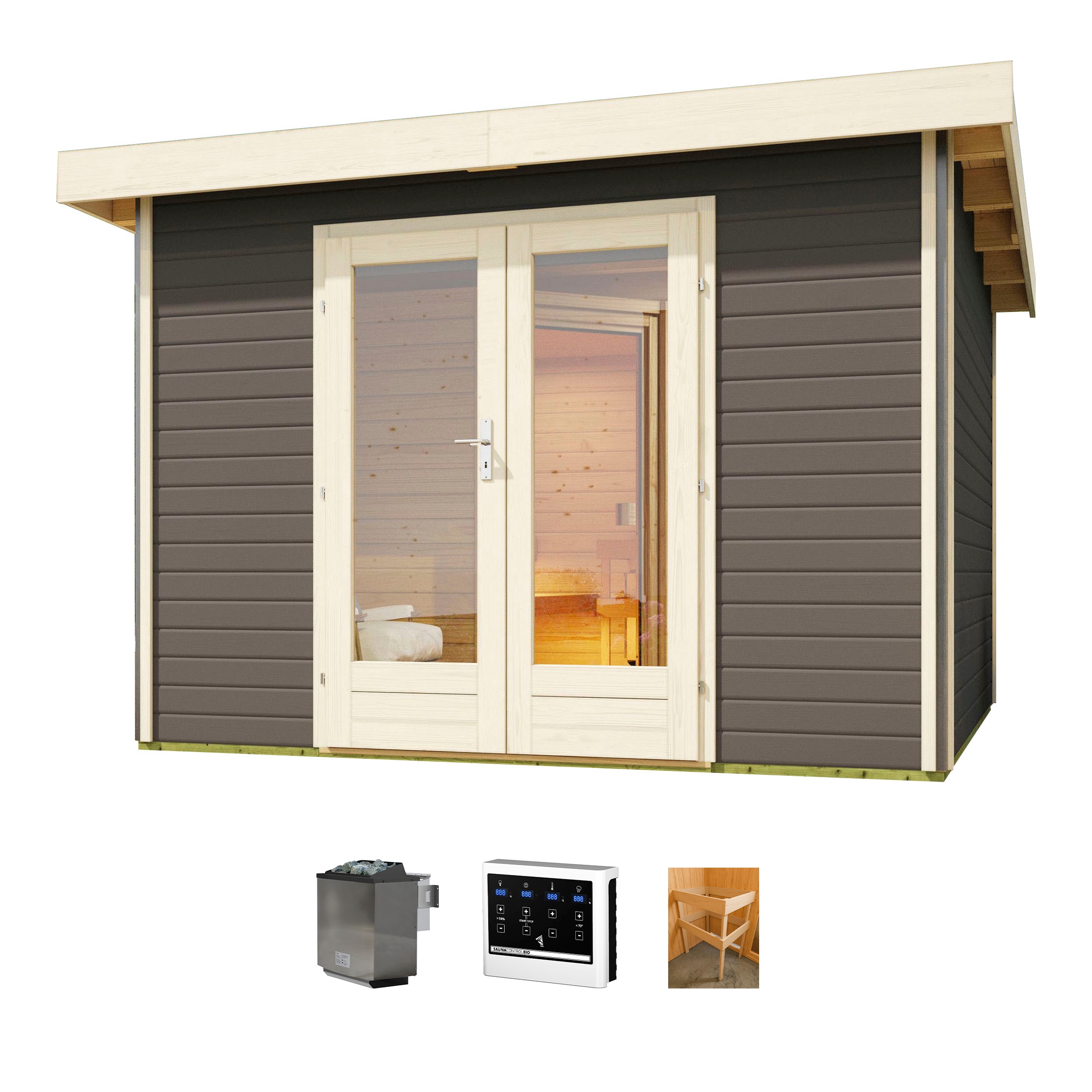 KONIFERA Saunahaus "Maiko 1 SET B" terragrau, mit Ofen 9 kW Bio externer Steuerung
