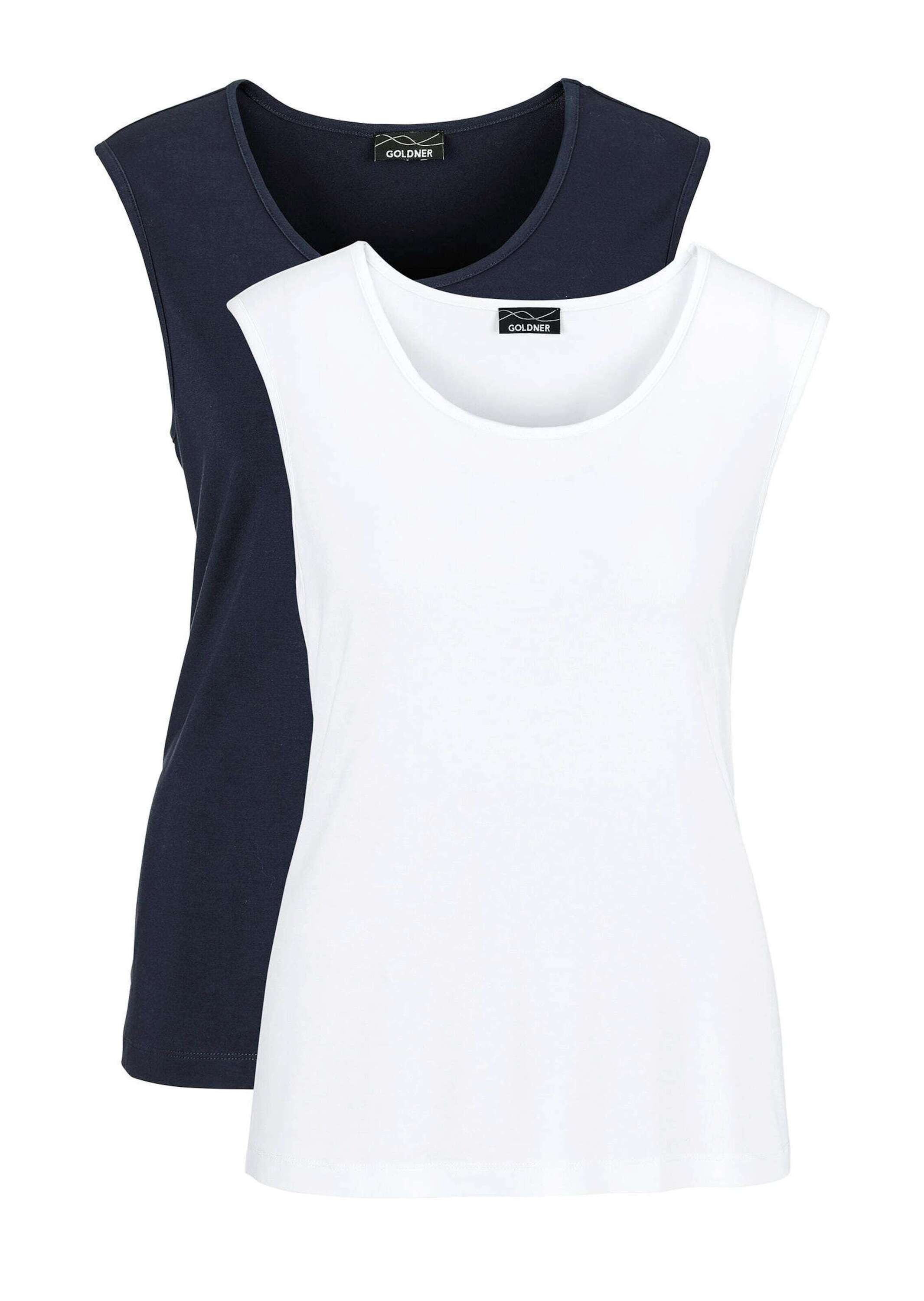 Trägertop GOLDNER "Kurzgröße Doppelpack aus weichem Viskose-Jersey", Damen, Gr. 19, blau (marine, weiß), Obermaterial: 95% Viskose CV. 5% Elasthan EL., Basic, normal, Rollkante, Tops Trägertop, Sonstige