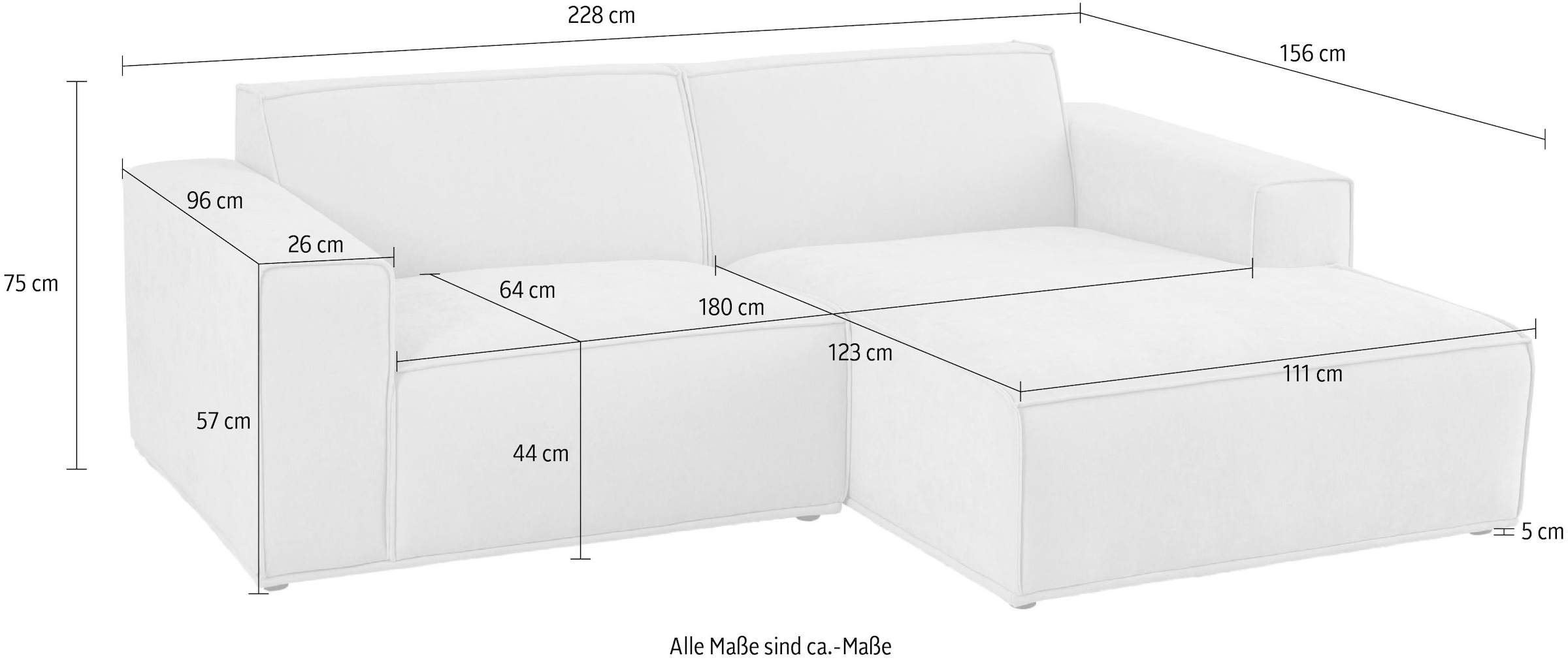 Home affaire Ecksofa »Avelin, 228 cm, L-Form, Chenille, Struktur-Boucle«, mit Wellenunterfederung, Kedernaht, bodentief, Skandi-Design