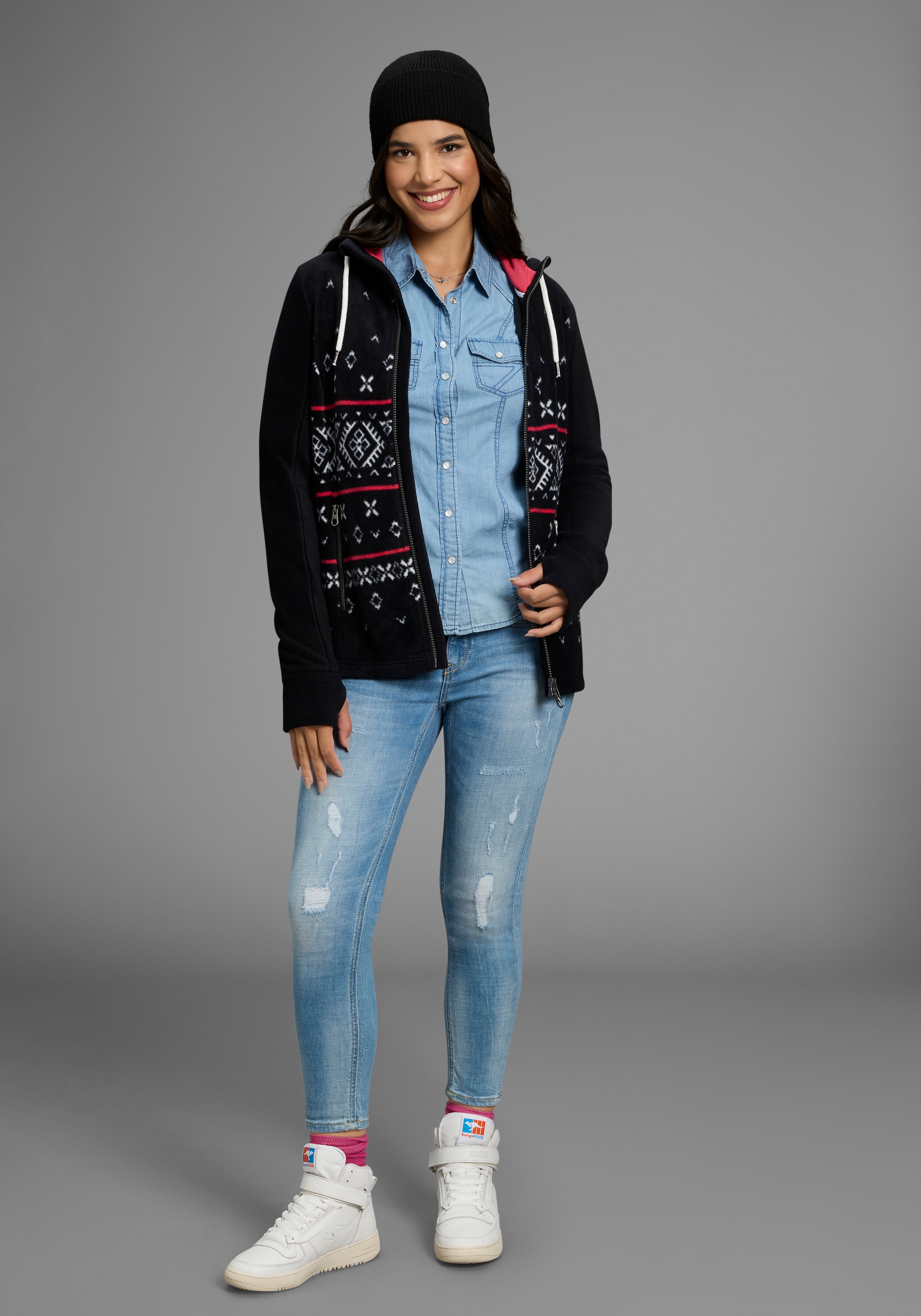 KangaROOS Fleecejacke, mit Kapuze, mit Norweger Muster