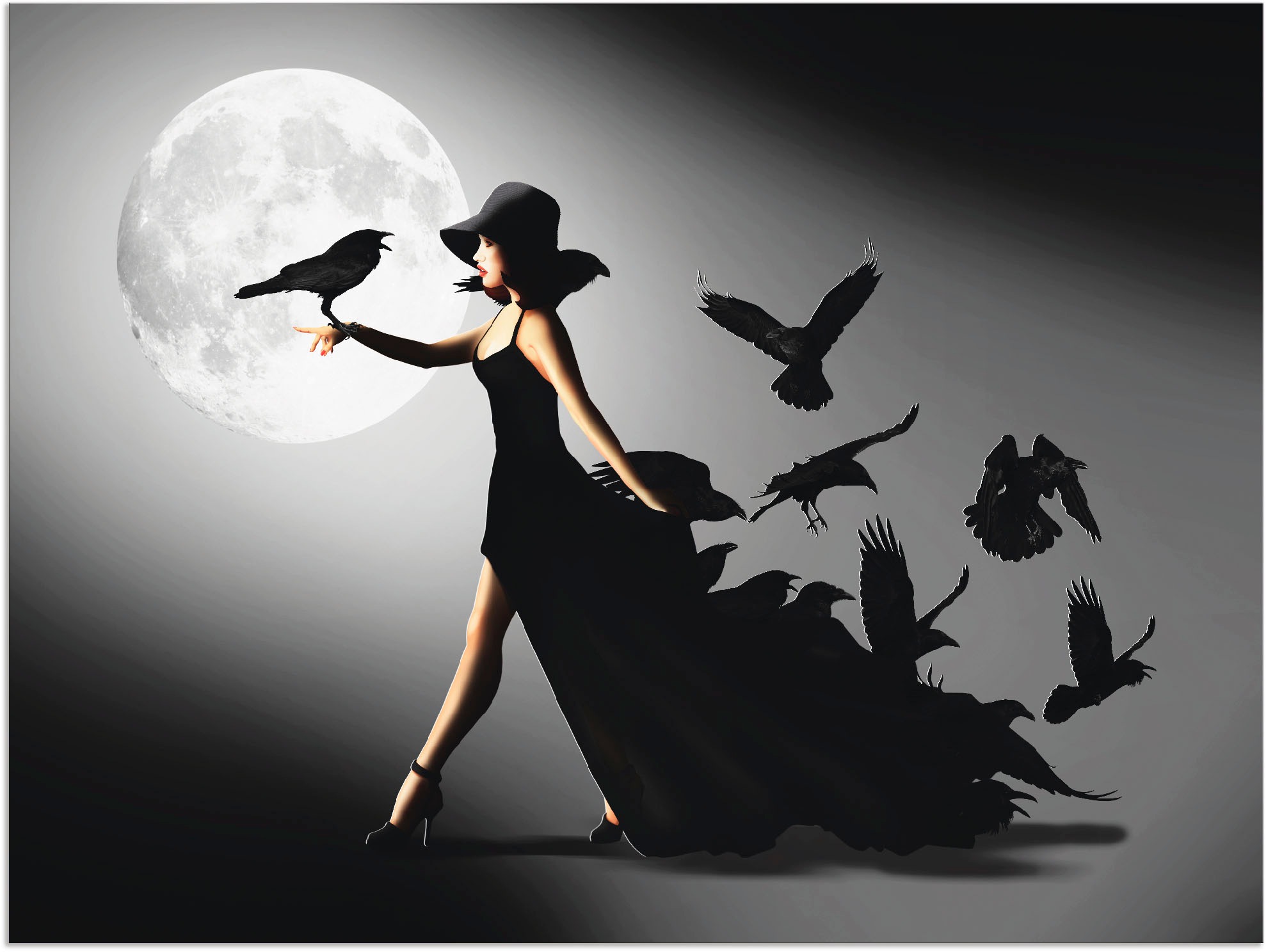 Artland Wandbild »Die Frau mit den Raben«, Animal Fantasy, (1 St.), als Alubild, Outdoorbild, Leinwandbild, Poster, Wandaufkleber