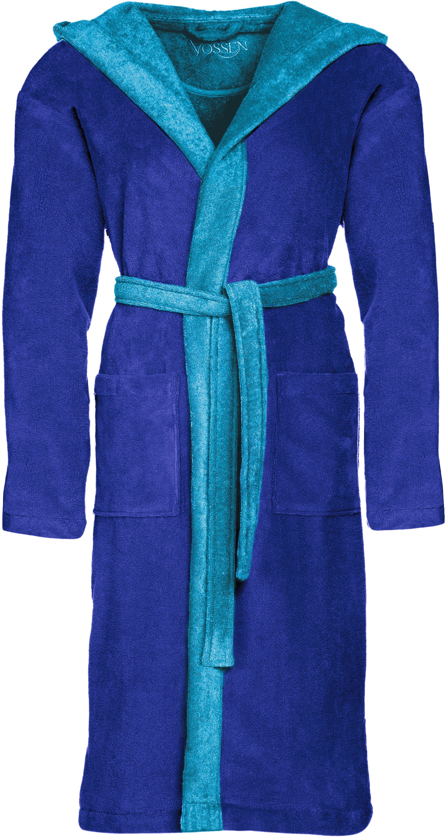 Bademantel VOSSEN, L:115cm, blau, Baumwoll-Mix, Hausmäntel, "Poppy, ideal für Sauna & Spa, Hotelbademantel, Morgenmantel", Doubleface Optik