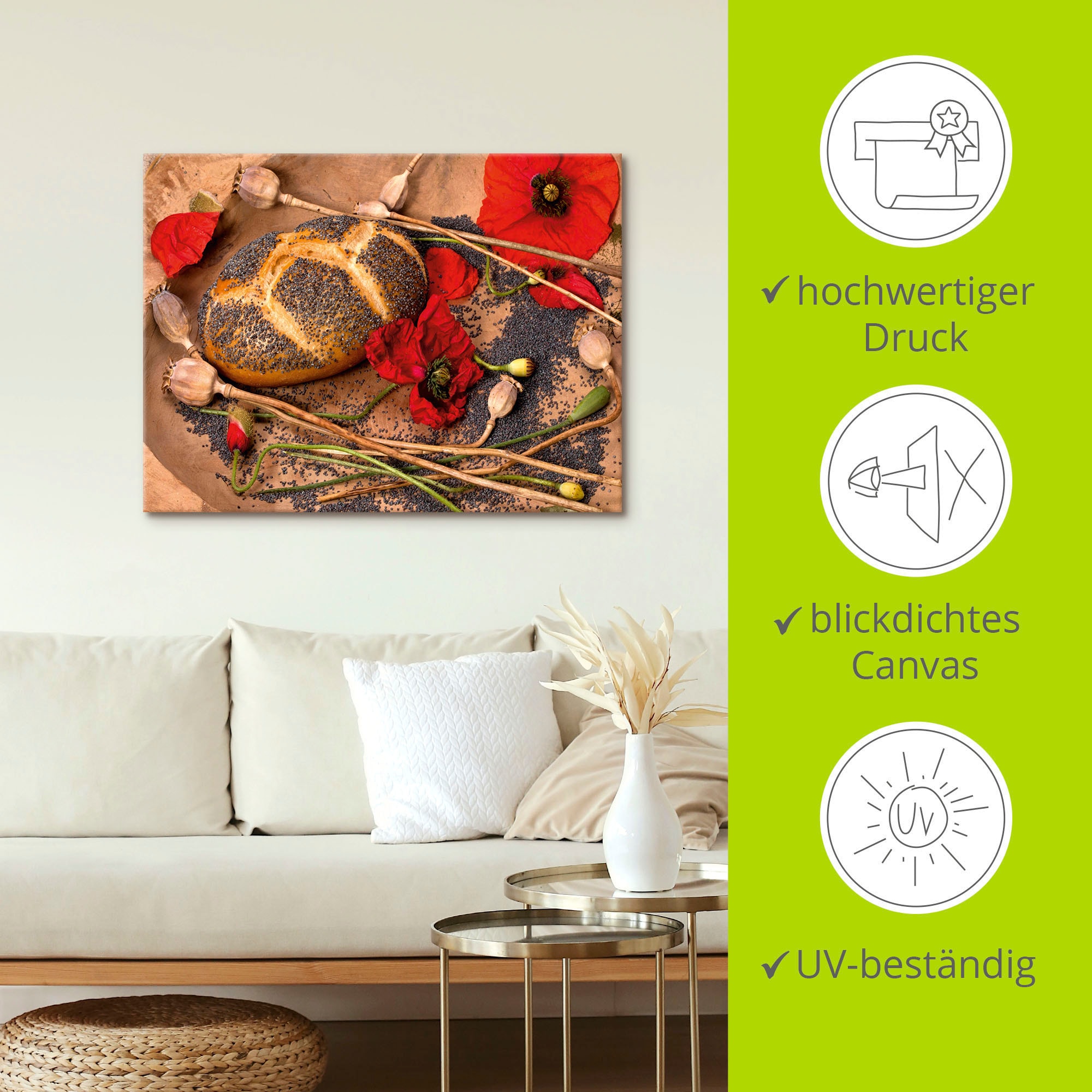Artland Leinwandbild »Mohnbrot mit Mohnblumen dekoriert«, Getreide, (1 St.), auf Keilrahmen gespannt