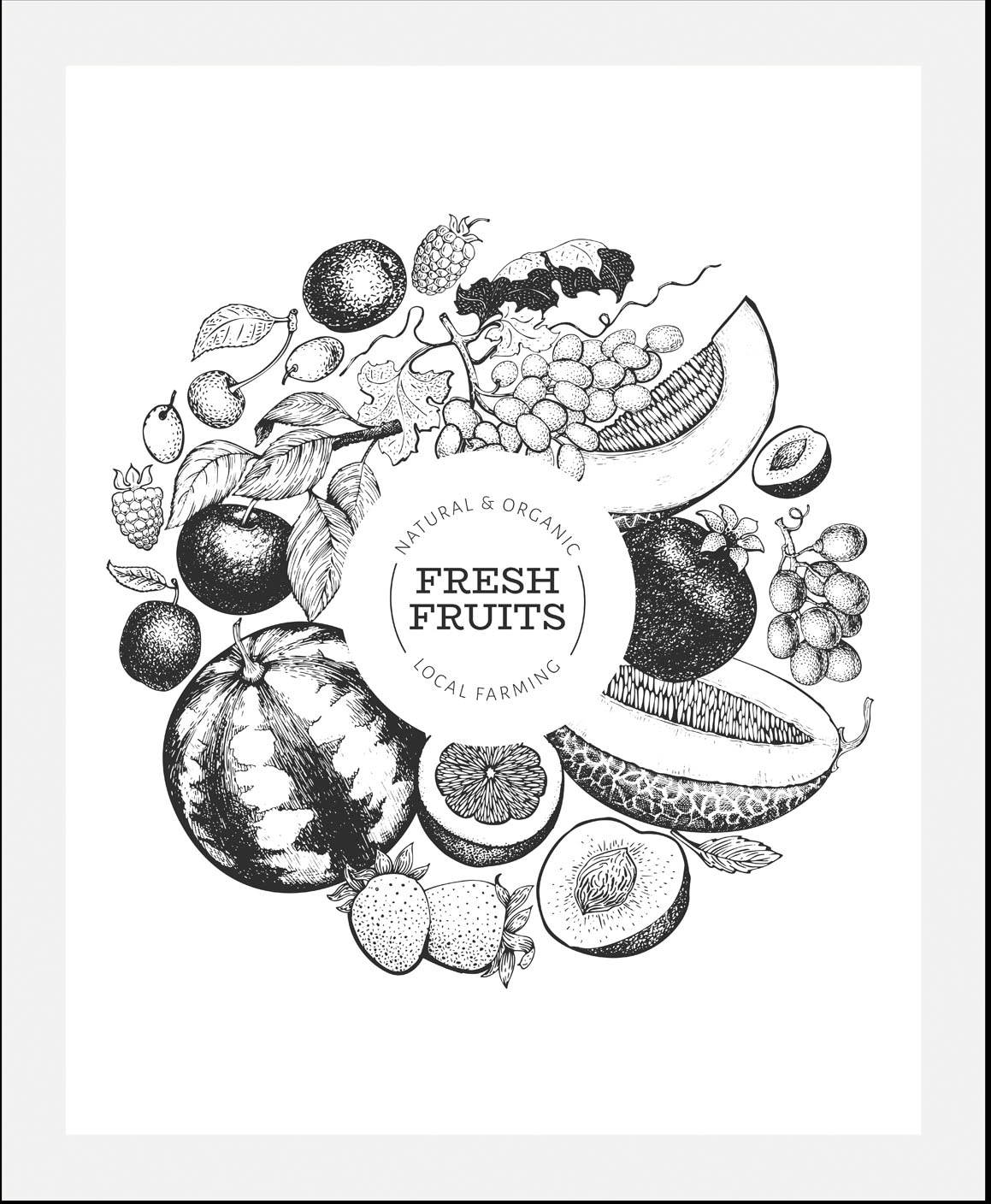 queence Bild »Fresh Fruits«, Obst-Obst Bilder-Essen-Lebensmittel-Kunst-Abstrakt-Schriftzug-Figuren-Schwarz-Weiß, (1 St.), gerahmt