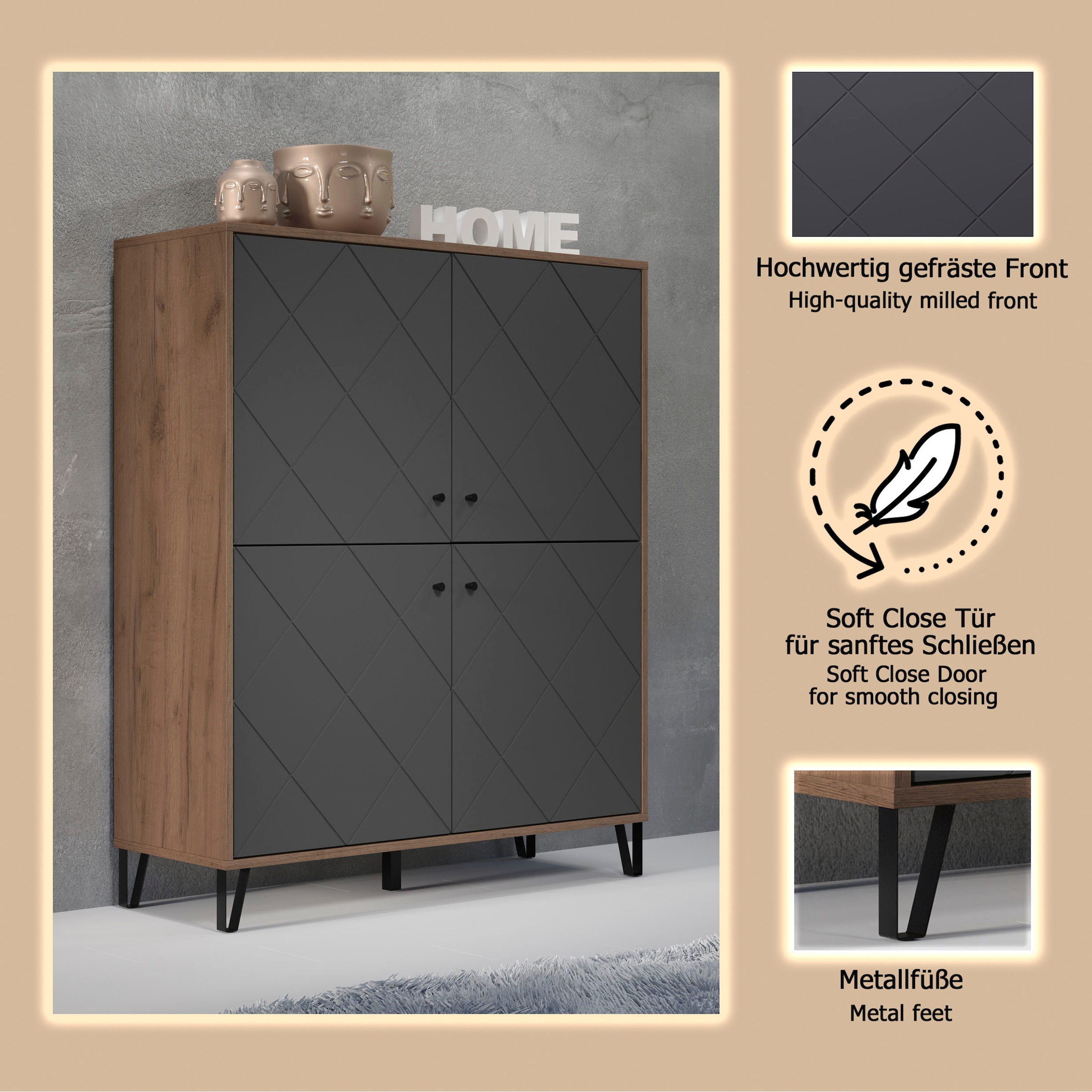 Places of Style Highboard »Molveno«, (1 St.), Highboard mit 4 Türen & Soft-Close - (B/T/H) 123/40/136 cm