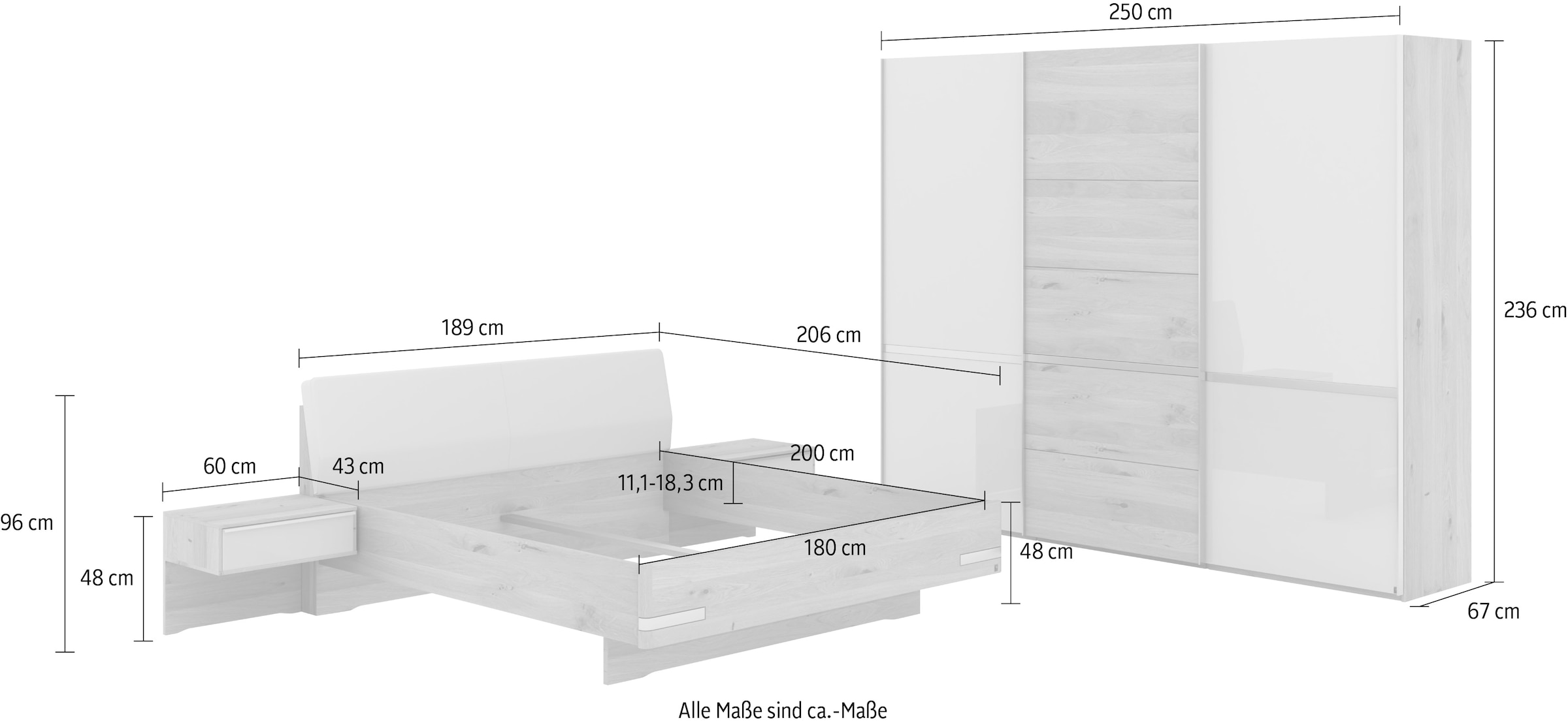 Musterring Schlafzimmer-Set »Savona, Kleiderschrank, Bett & Nachtkommoden, teilmassiv Bianco-Eiche«, (2er-Set Nachtschränke, Schwebetürenschrank, Bett 180x200 cm), Kopfteil Kunstleder Champagner, Schrank mit Eiche- und Glastüren