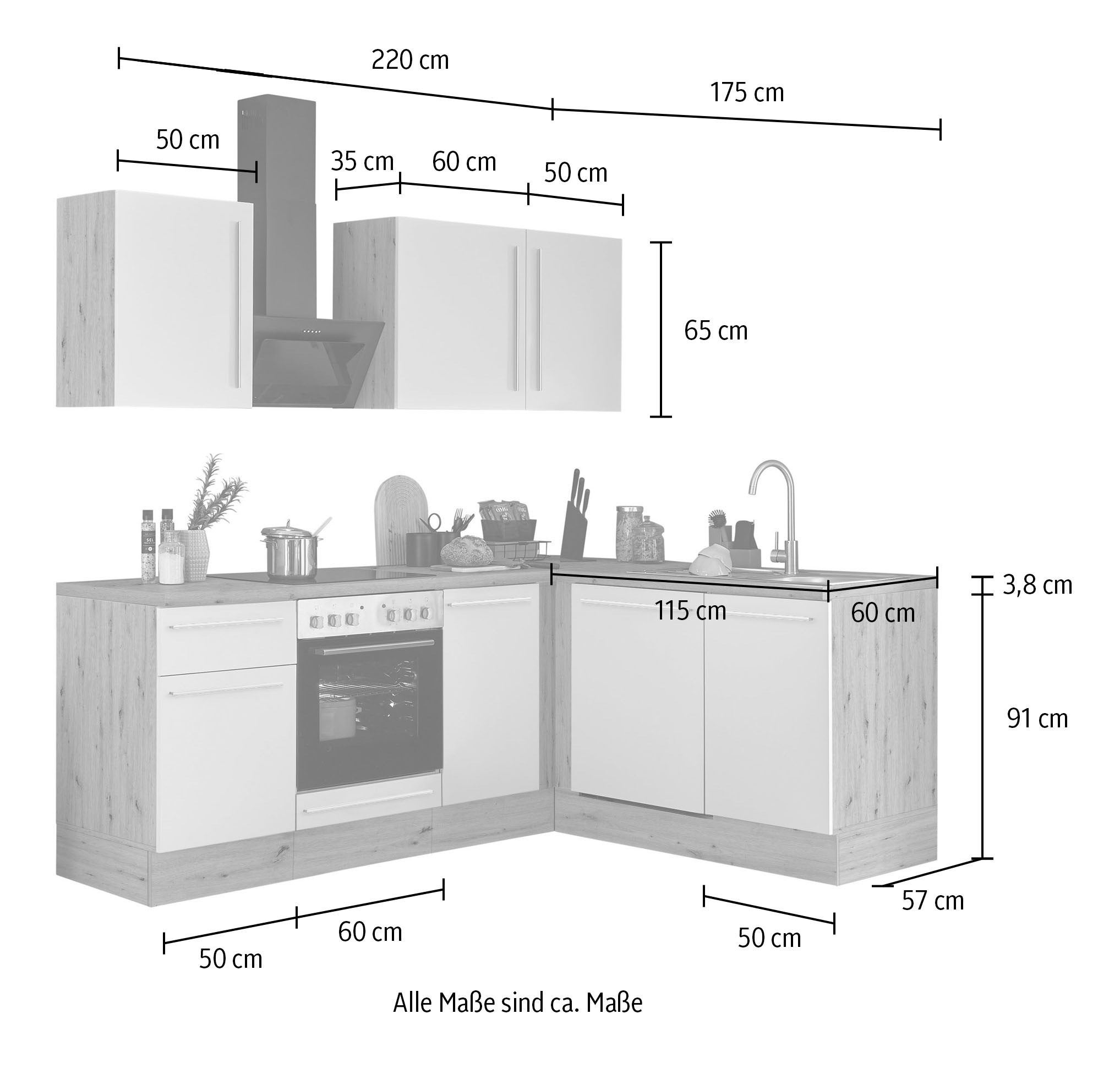 KOCHSTATION Winkelküche »Florida, Stellbreite 220x175 cm«, wahlweise mit E-Geräten, mit Softclose für Türen und Schubkästen