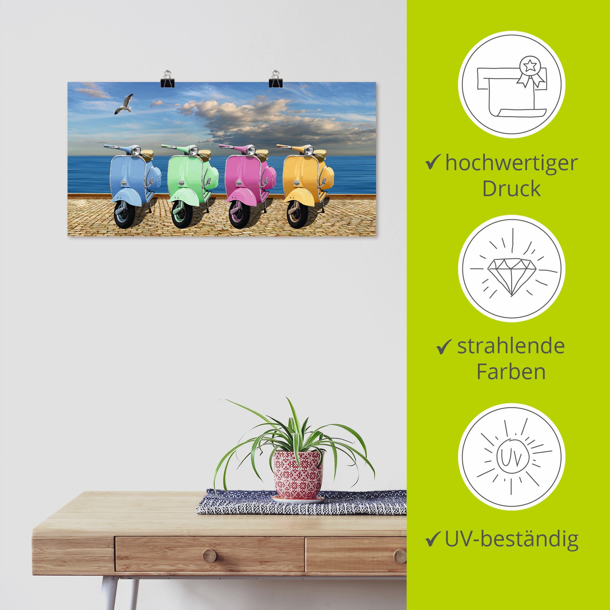 Artland Wandbild »Vespa-Roller in bunten Farben«, Motorräder & Roller, (1 St.), als Leinwandbild, Poster in verschied. Größen