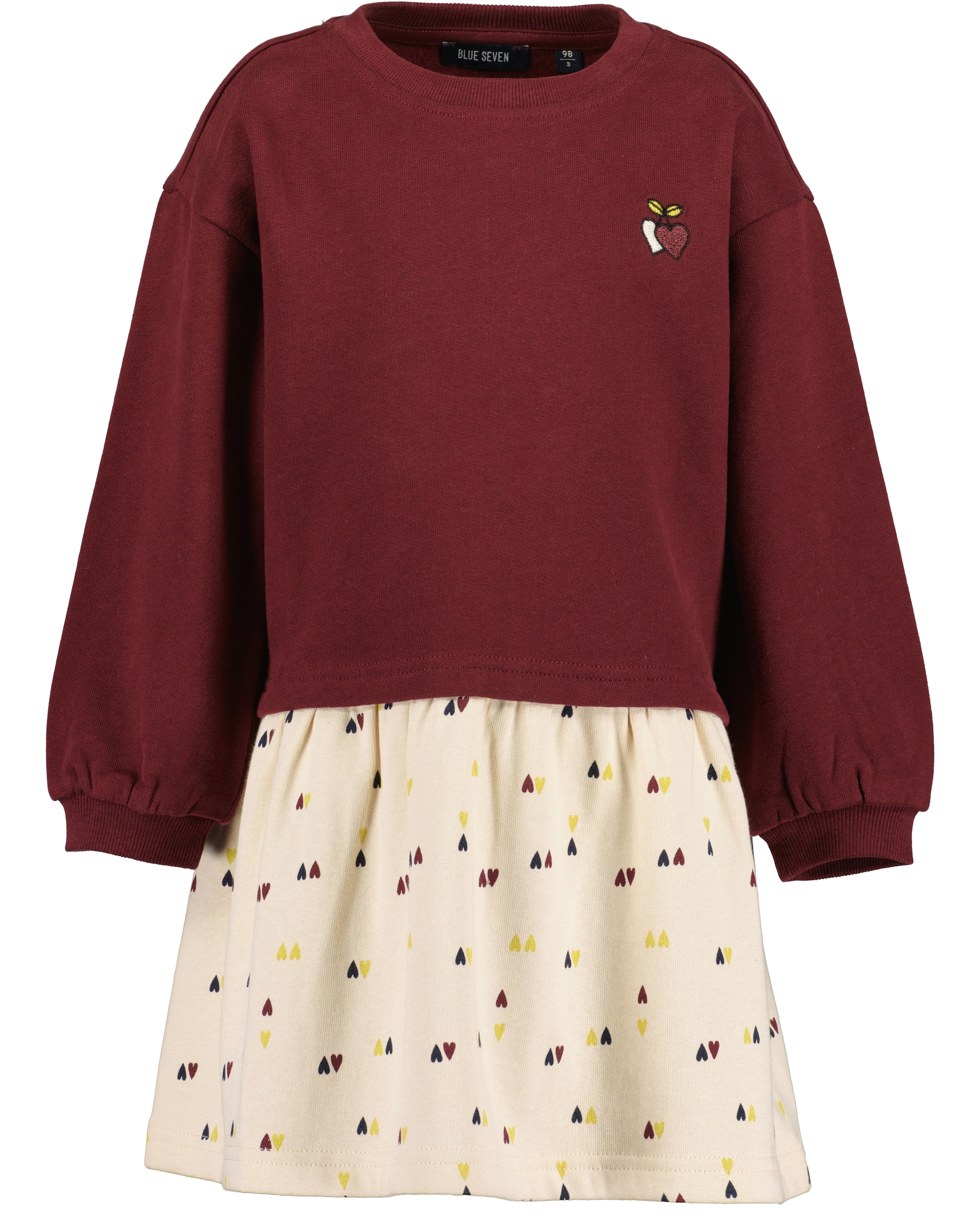 BLUE SEVEN Mädchen Sweatkleidburgund, Gr. 92, bedruckt, angeraute Sweatware, Obermaterial: 100% Baumwolle, Kleider, mit kleiner Bruststickerei