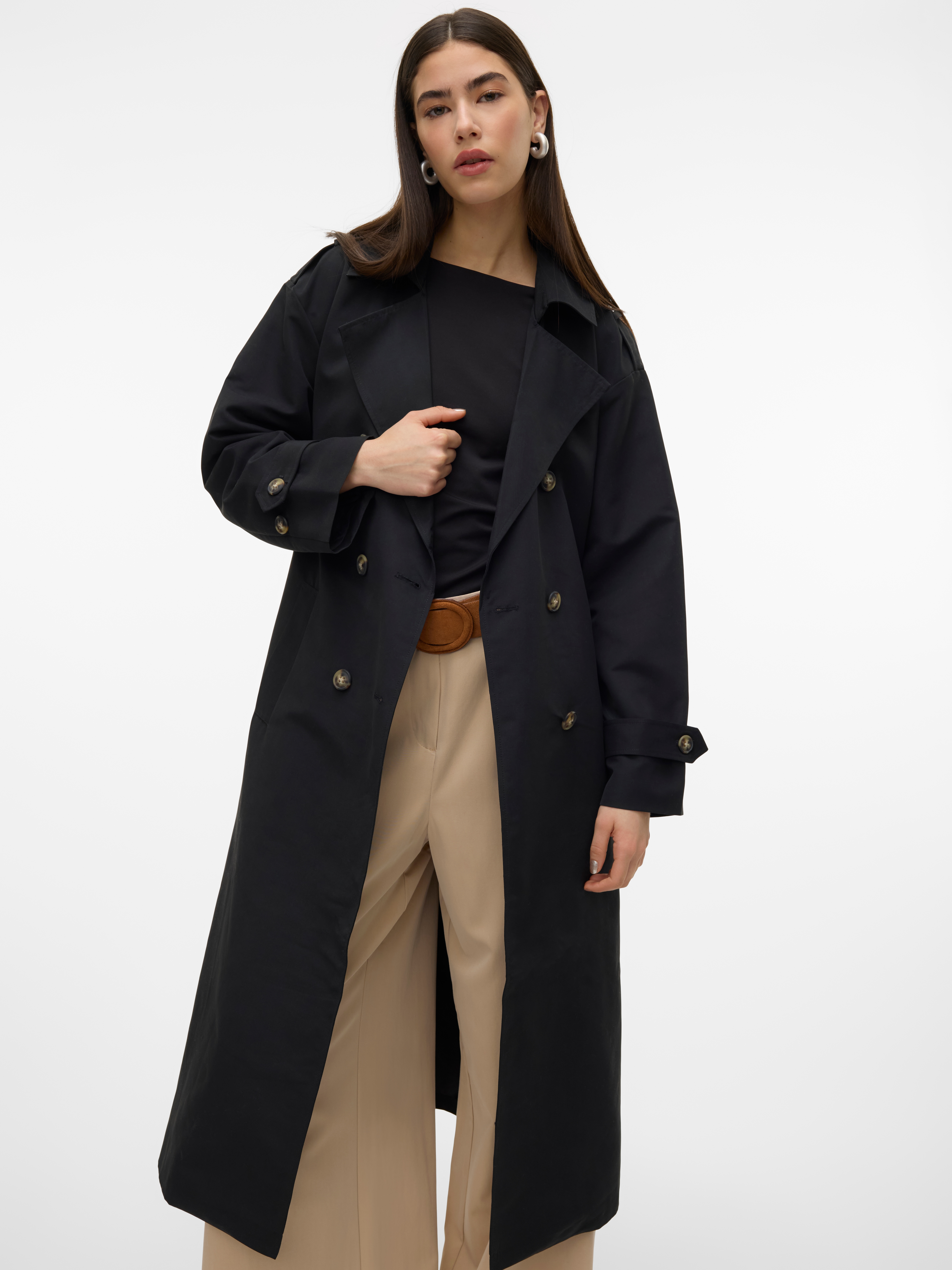 Vero Moda Trenchcoat "Vmchloe Long Trenchcoat Ga Noos" Zweireiher Mit Bindegürtel, Oversized