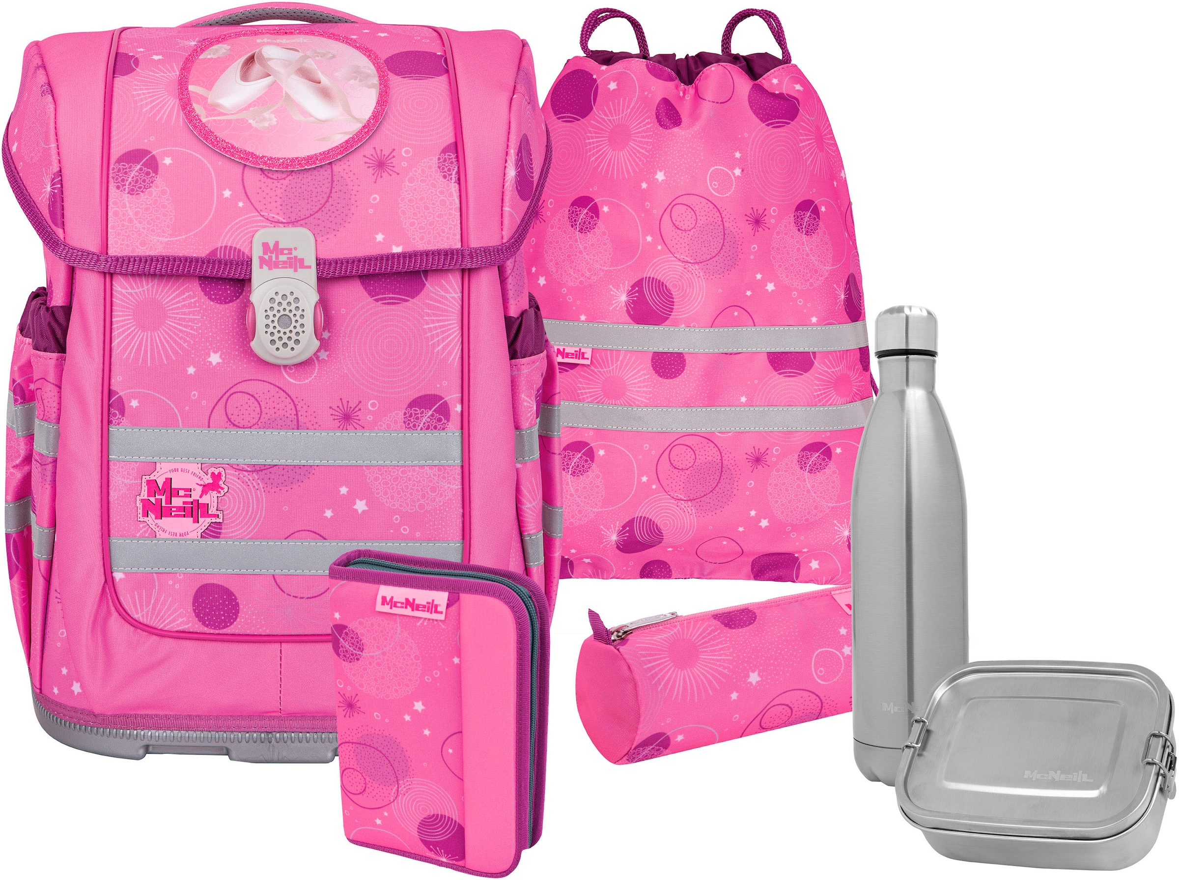 MCNEILL Kinder Schulranzen "Ergo Compacto, Pinky", pink, Polyester, Rucksäcke, inkl. Federmäppchen, Turnbeutel, Schlamperrolle & Motivmagnet