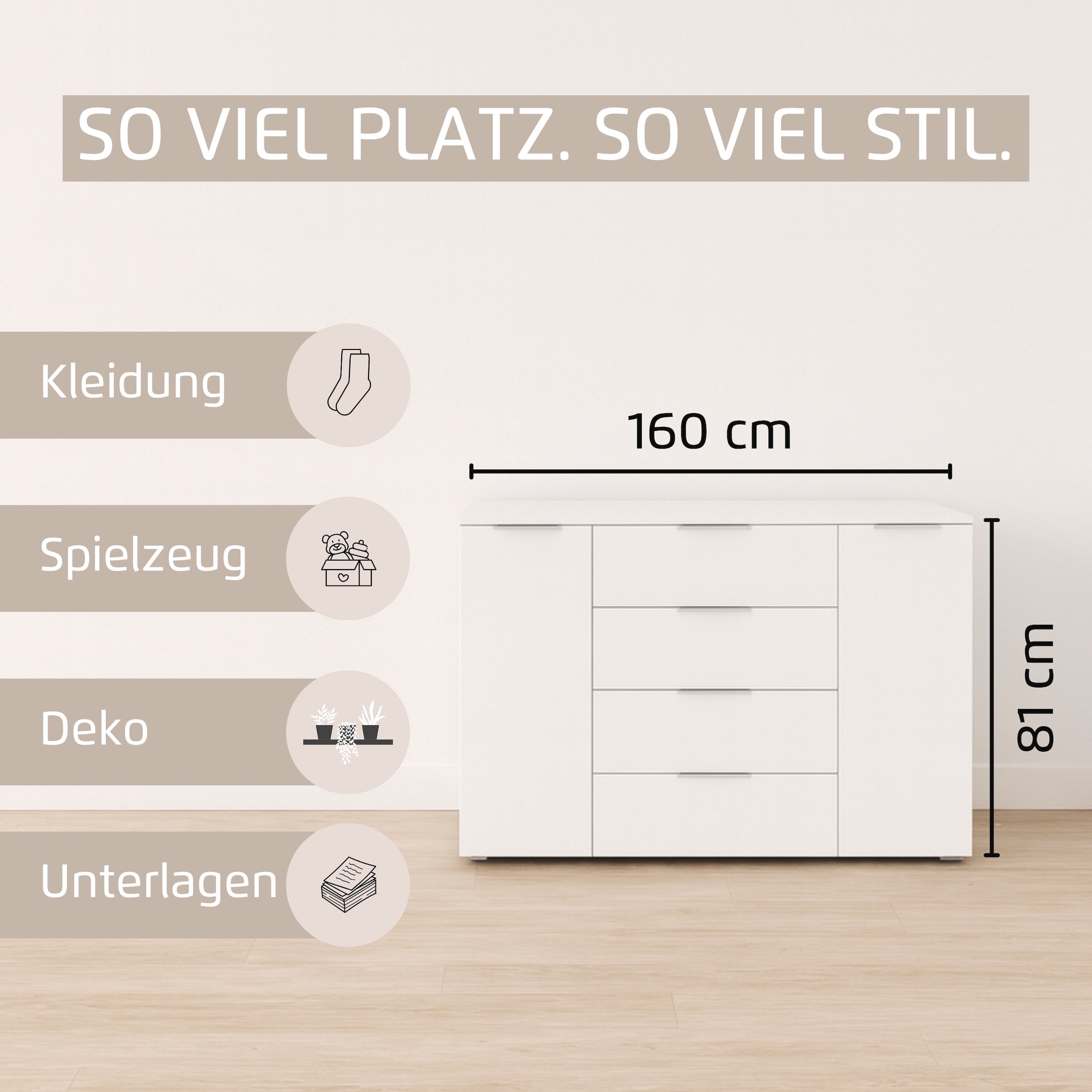 rauch Kombikommode »Astana« Breite 160 cm / Höhe 81 cm, mit 4 Einlegeböden,  2-türig, 4 geräumige Schubladen, Kantengriff Alufarben MADE IN GERMANY