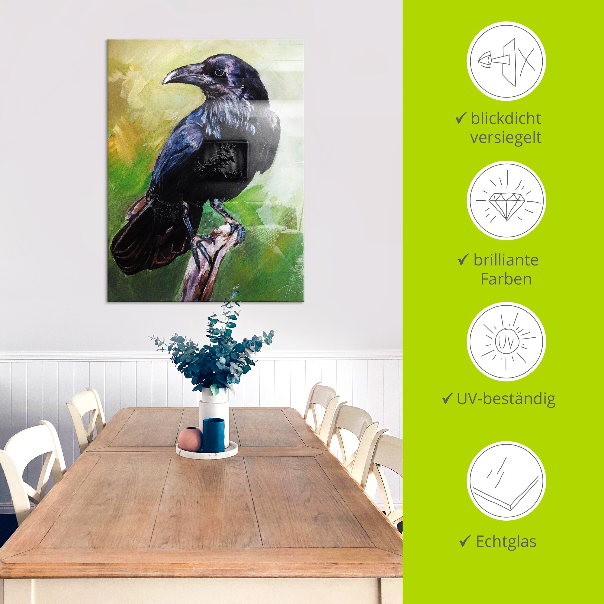 Artland Glasbild »Der Rabe in Grün« Vogelbilder 1 Stk. tlg. in verschiedenen Größen