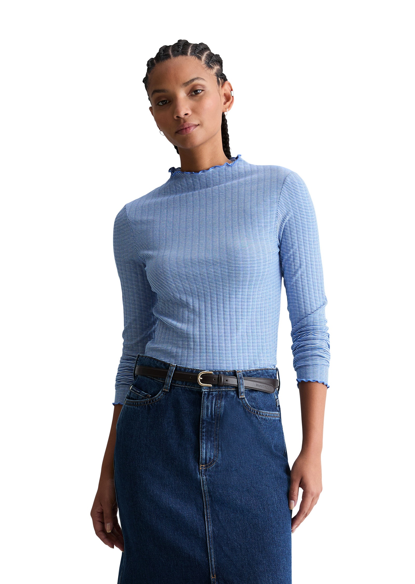 Langarmshirt MARC O'POLO DENIM "aus Bio-Baumwoll-Mix", Damen, Gr. XXS, medium blau, Obermaterial: 96% Baumwolle, 4% Elasthan, unifarben, Basic, slim fit, Babylock, Shirts Langarmshirt
