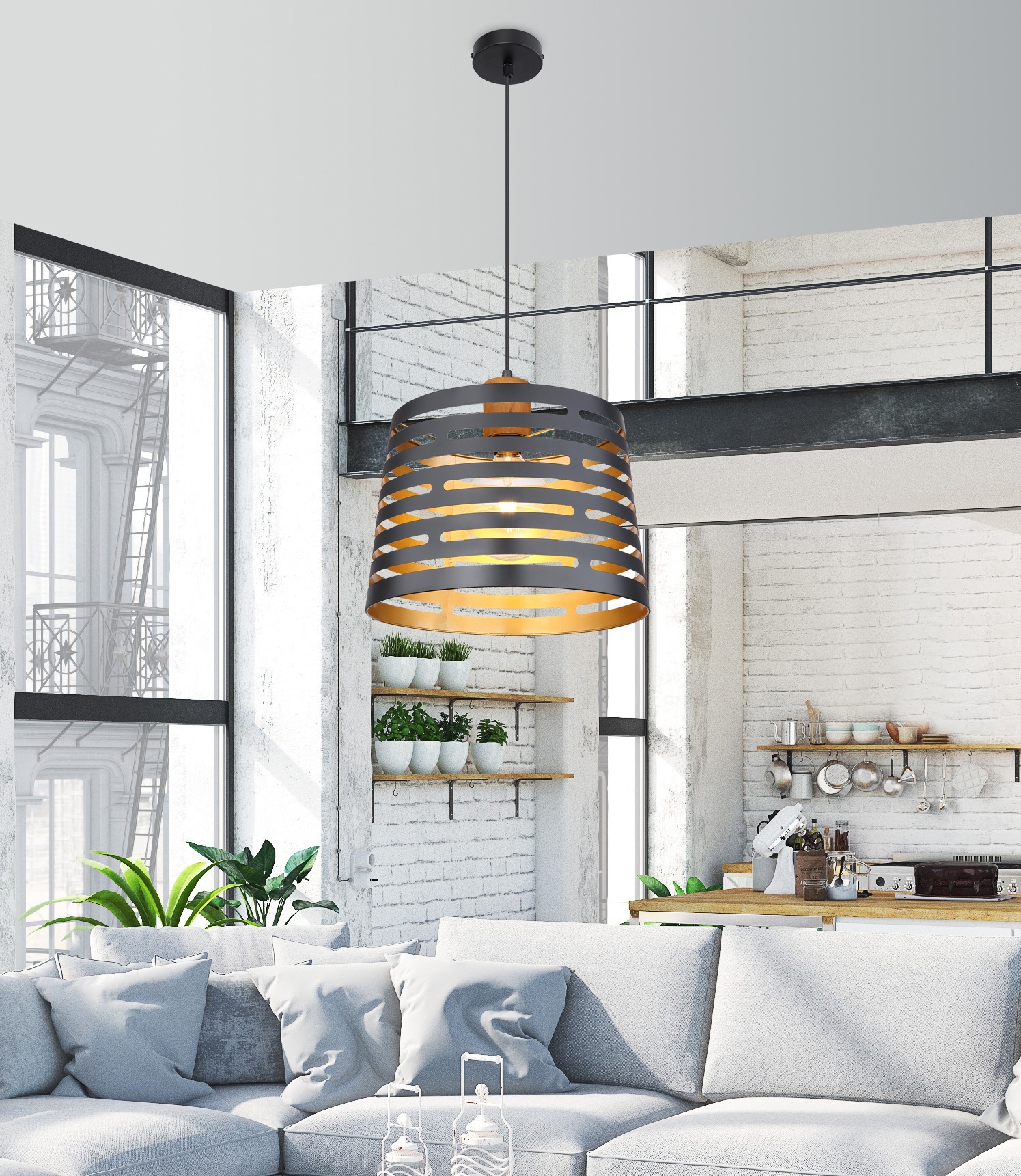 GLOBO LIGHTING Hängeleuchte »ABLONA«, Leuchtmittel E27 | ohne Leuchtmittel, Hängelampe/Pendelleuchte/Holz/goldfarben/Höhe kürzbar