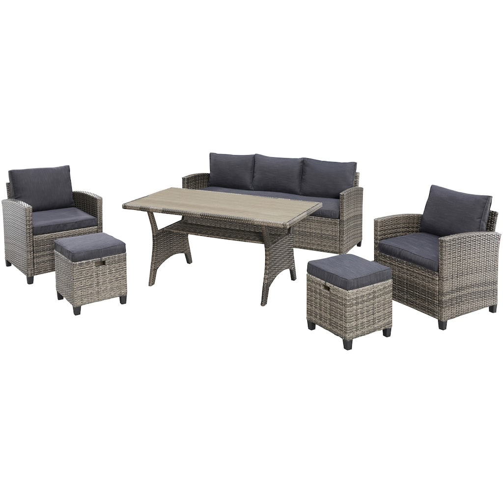 KONIFERA Gartenlounge-Set »Amsterdam«, (Set, 16 tlg., 1x 3er Sofa, 1x 2 Sessel, 2x Hocker, 1xTisch 144,5x74x67cm,Polyrattan), Stahl, Ablagefläche unter dem Tisch, Loungeset