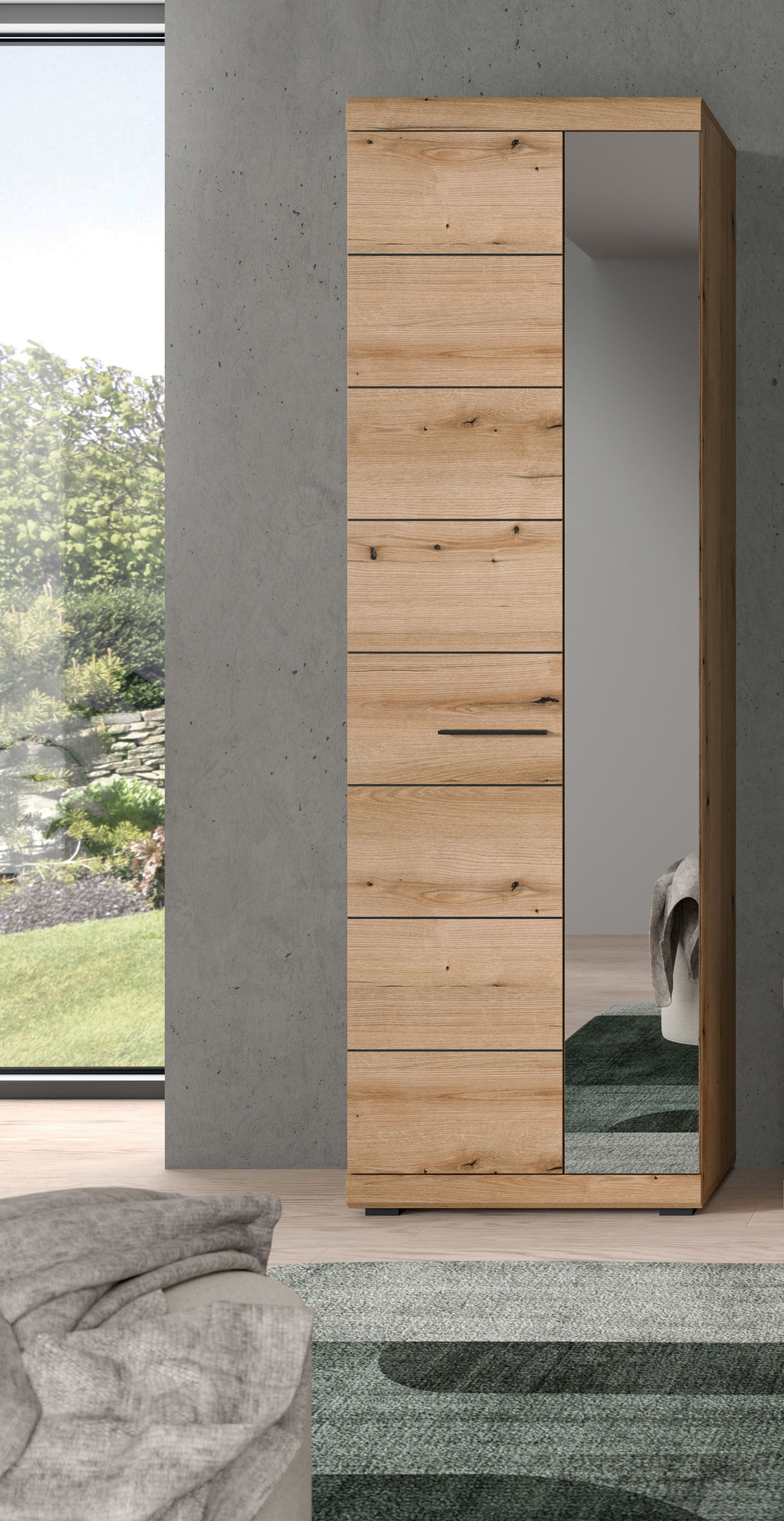 INOSIGN Garderobenschrank »Siena, Höhe 197cm, 2 Türen, 4 Einlegeböden, ausziehbare Kleiderstange«, (1 St.), Scout, Garderobenschrank Höhe 197 cm, 1 Spiegeltür, 6 Fächer
