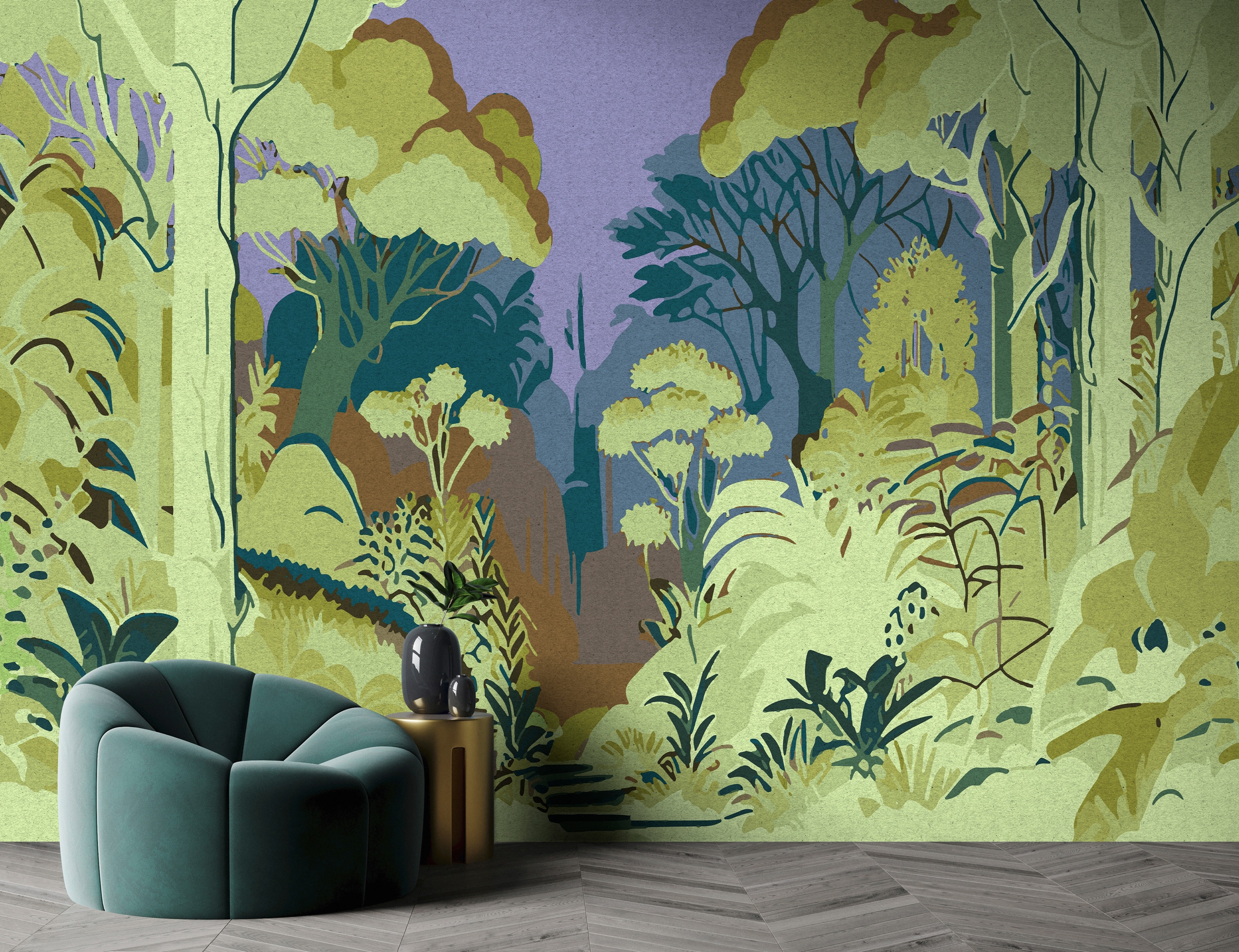 living walls Vliestapete "Fototapete Dschungel Grün Violett Grafisch Retro" matt glatt