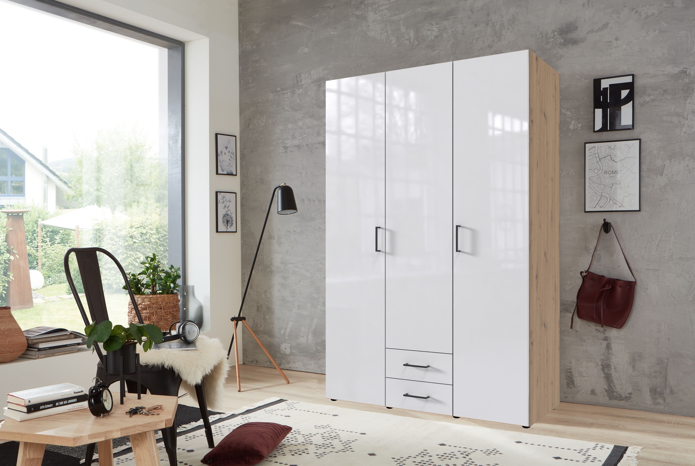 Wimex Drehtürenschrank »Mugano, 135 oder 180cm breit, 208 oder 236cm hoch, Made in Germany«, (mit langen Griffstangen aus Metall), wahlweise mit oder ohne Spiegel, mit Schubladen