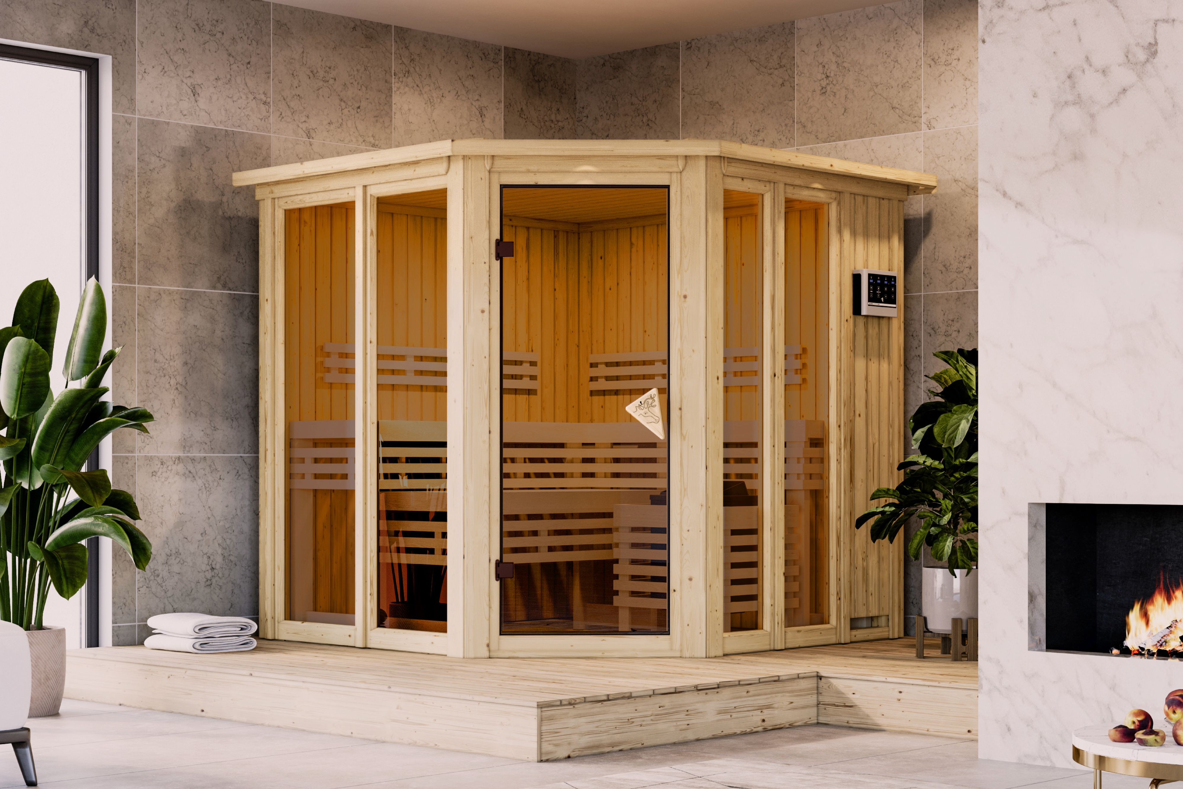 Karibu Sauna ""Airia" mit Kranz, naturbelassen" aus hochwertiger nordischer Fichte