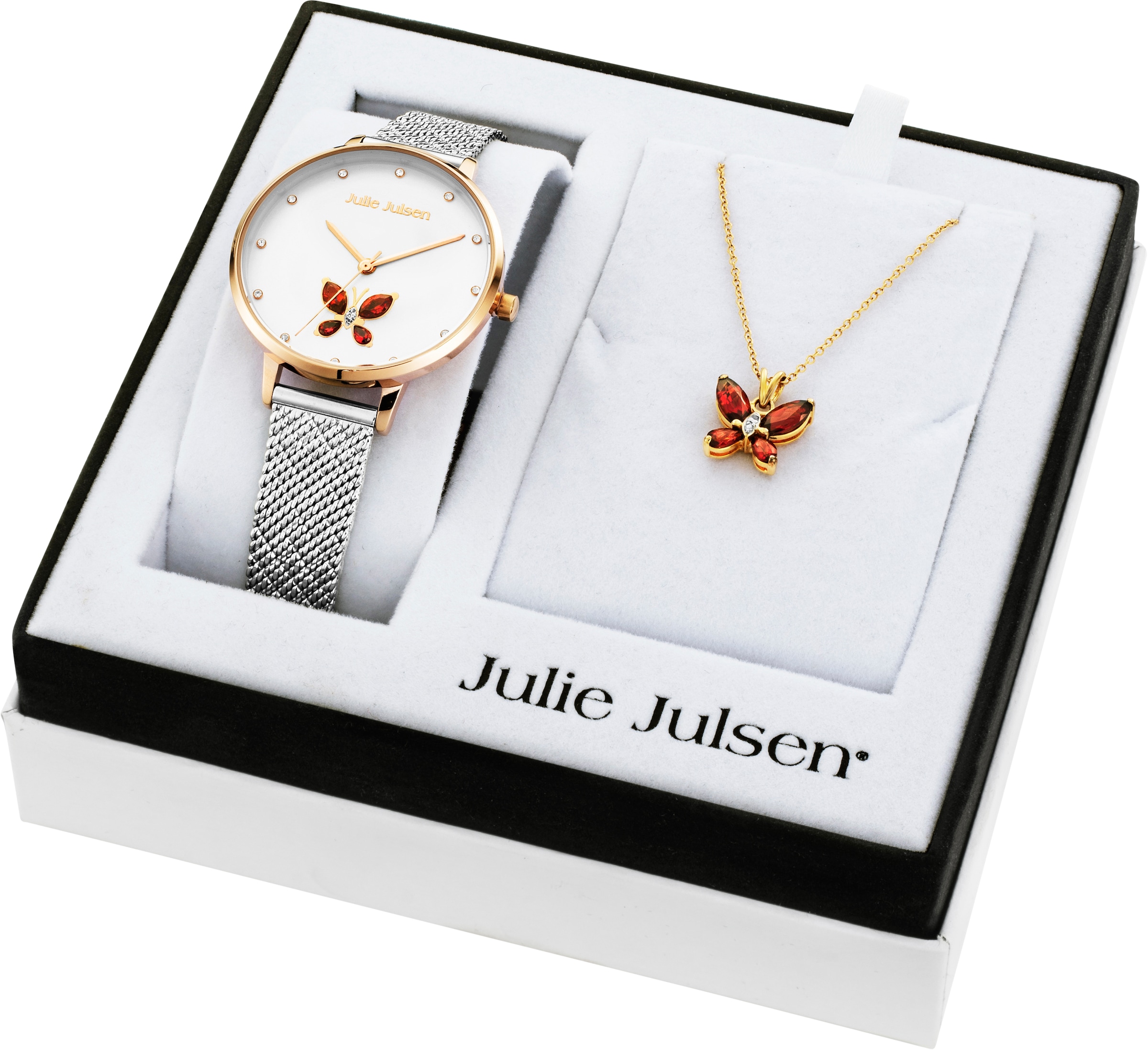 Julie Julsen Quarzuhr »Butterfly Box, JJW1187RGSME-SET«, (Set, 3 tlg., mit Kette und Anhänger)