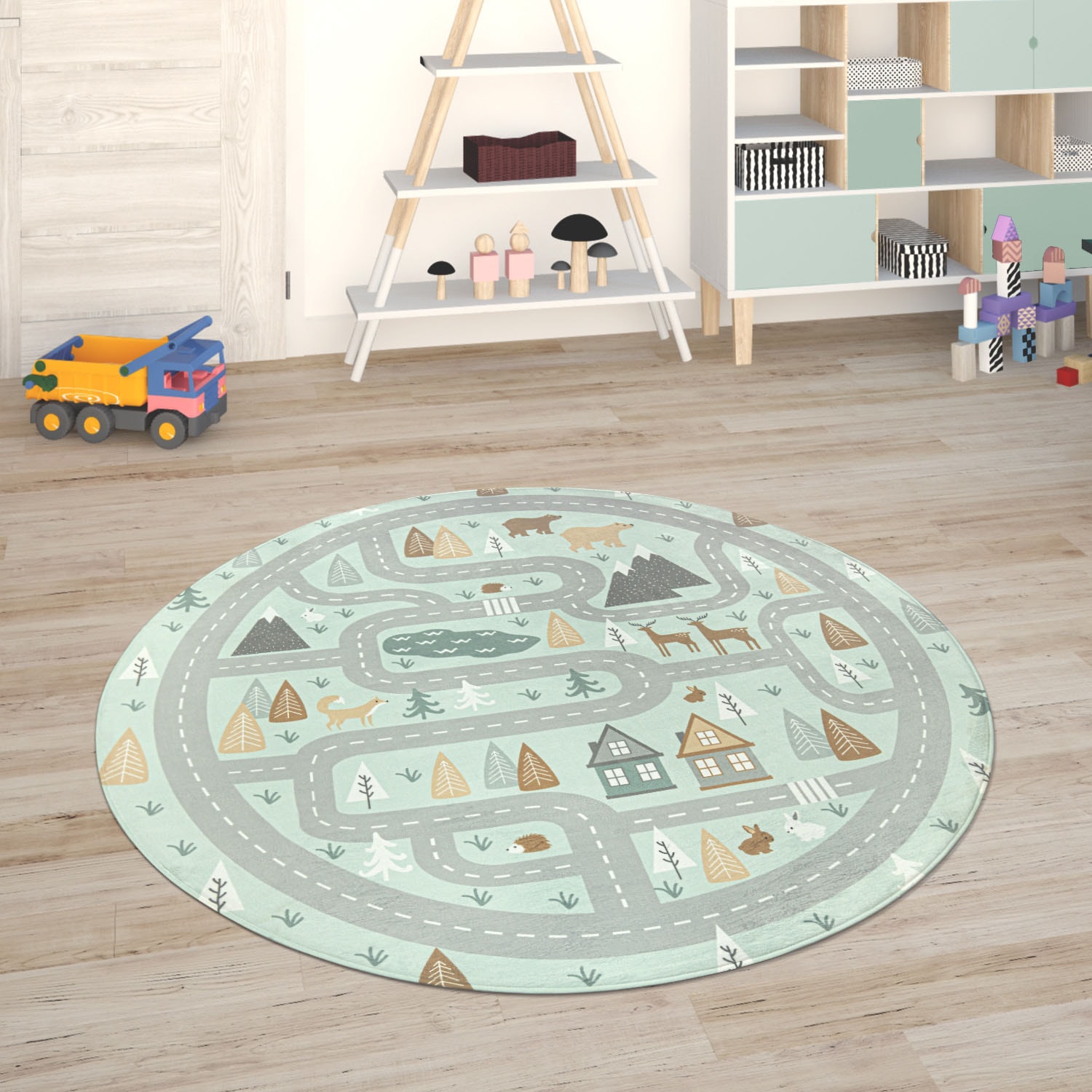 Paco Home 1100000002199 "Chicos 550" rund 2 mm Höhe Flachgewebe, Straßen-Spiel-Teppich, Kinderzimmer