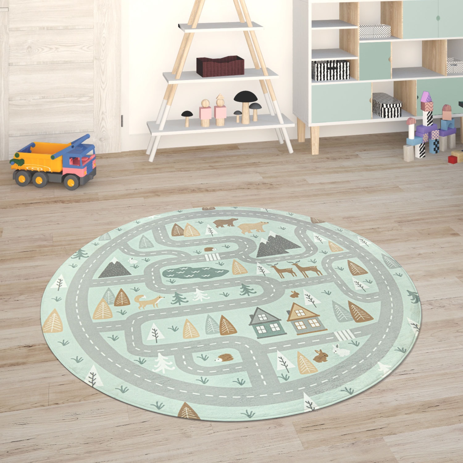 Paco Home Kinderteppich "Chicos 550", rund, 2 mm Höhe, Flachgewebe, Straßen-Spiel-Teppich, Kinderzimmer