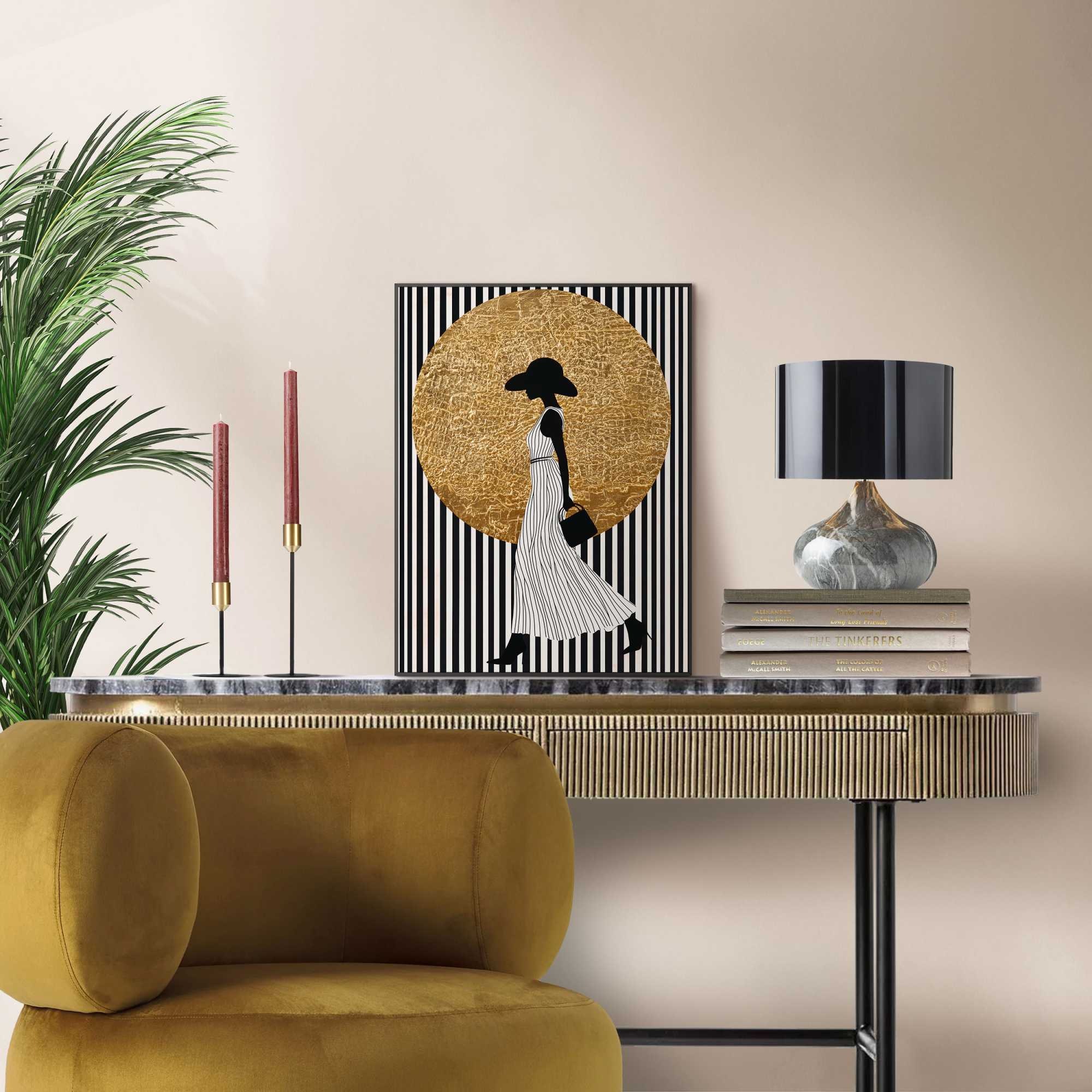 Reinders! Poster »Walking Lady«, Wohnzimmer - Dame - Streife - Schwarz-Weiß - MDF - Gold - 30x40 cm